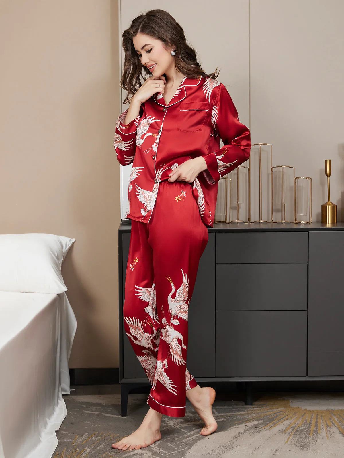 19Momme Pure Silk Printed Classic Binding Trim Long Sleeves Womens Pajama set