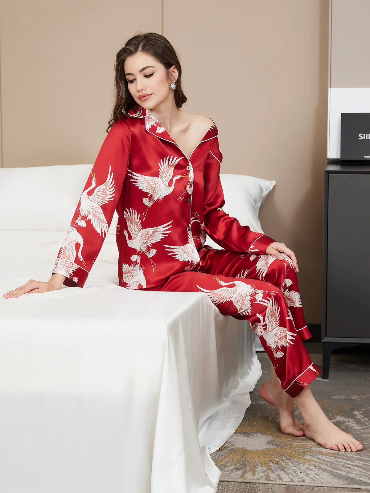 19Momme Pure Silk Printed Classic Binding Trim Long Sleeves Womens Pajama set