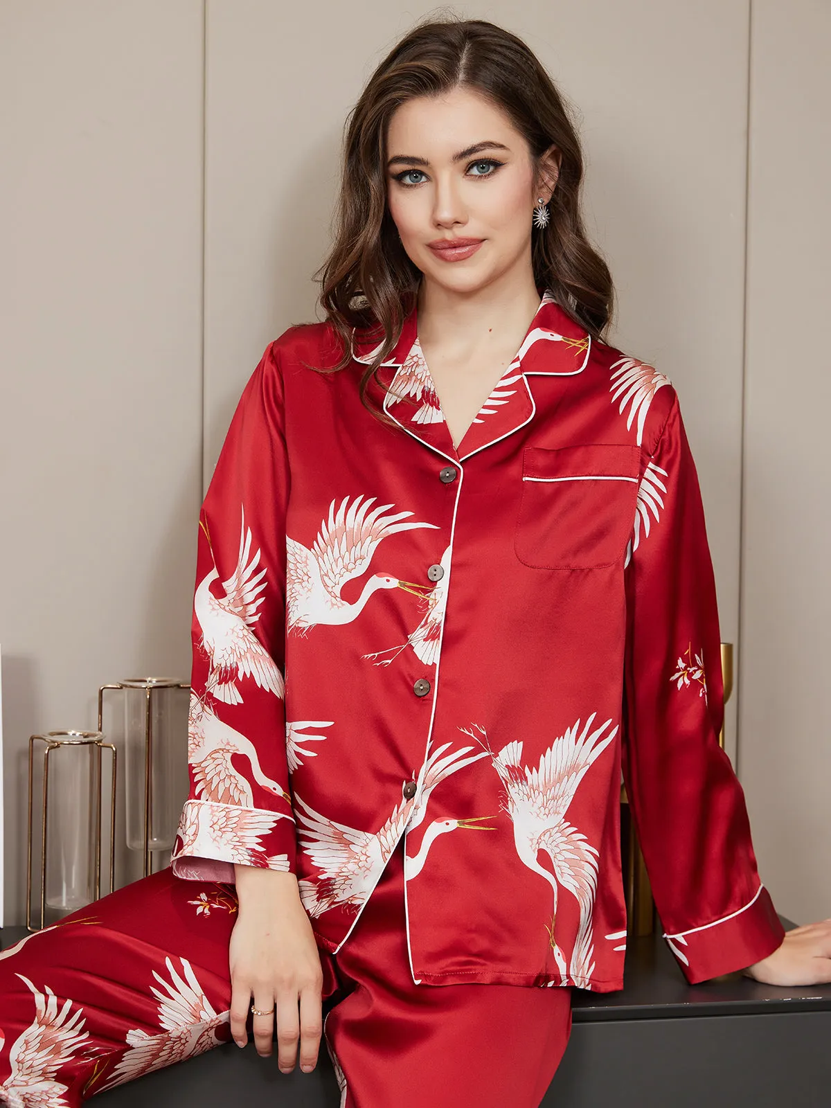 19Momme Pure Silk Printed Classic Binding Trim Long Sleeves Womens Pajama set