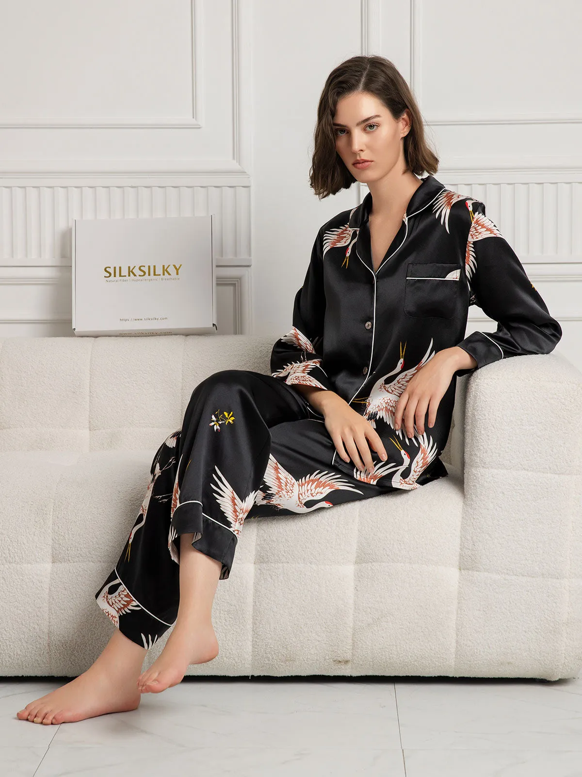 19Momme Pure Silk Printed Classic Binding Trim Long Sleeves Womens Pajama set