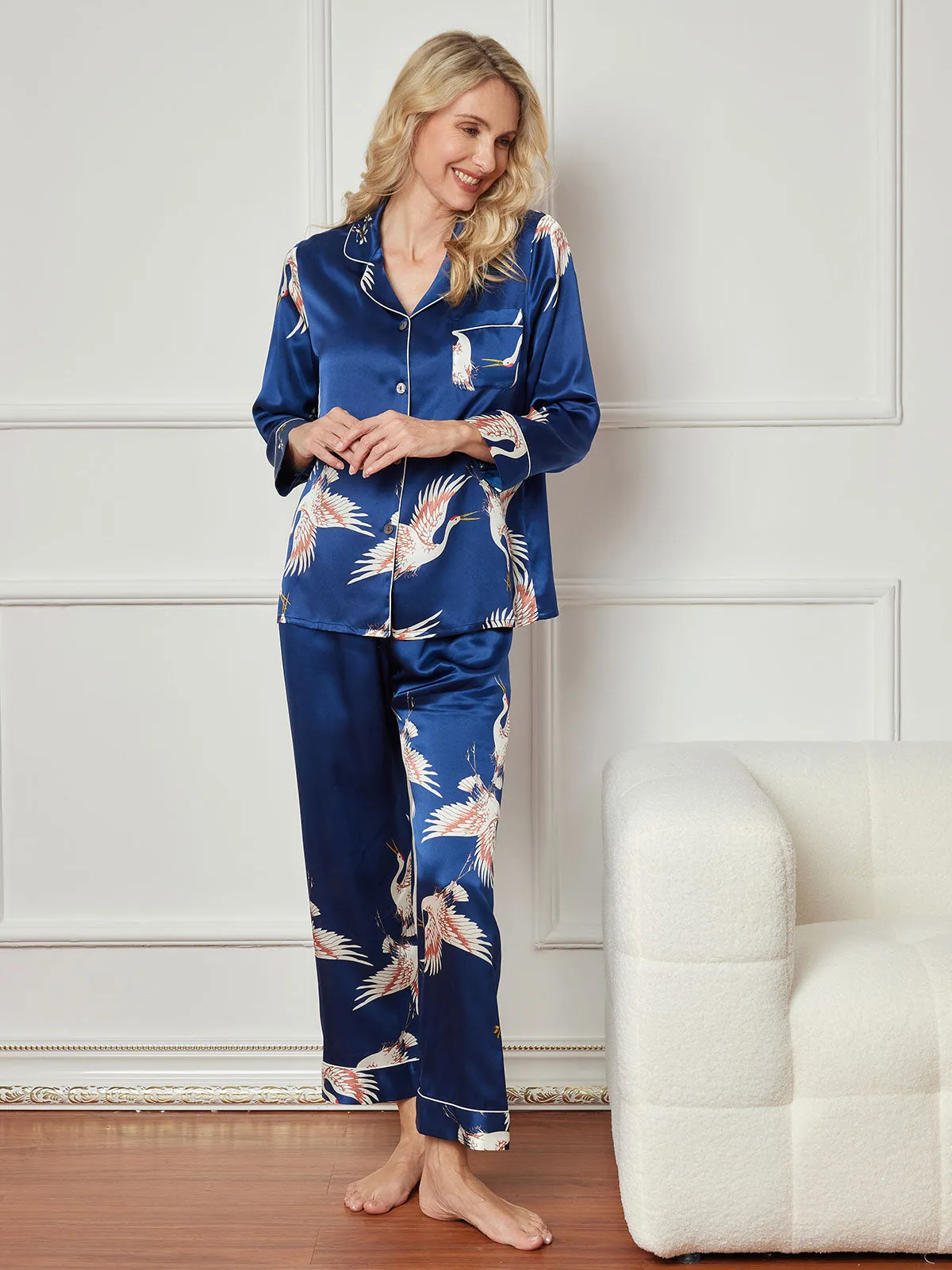 19Momme Pure Silk Printed Classic Binding Trim Long Sleeves Womens Pajama set
