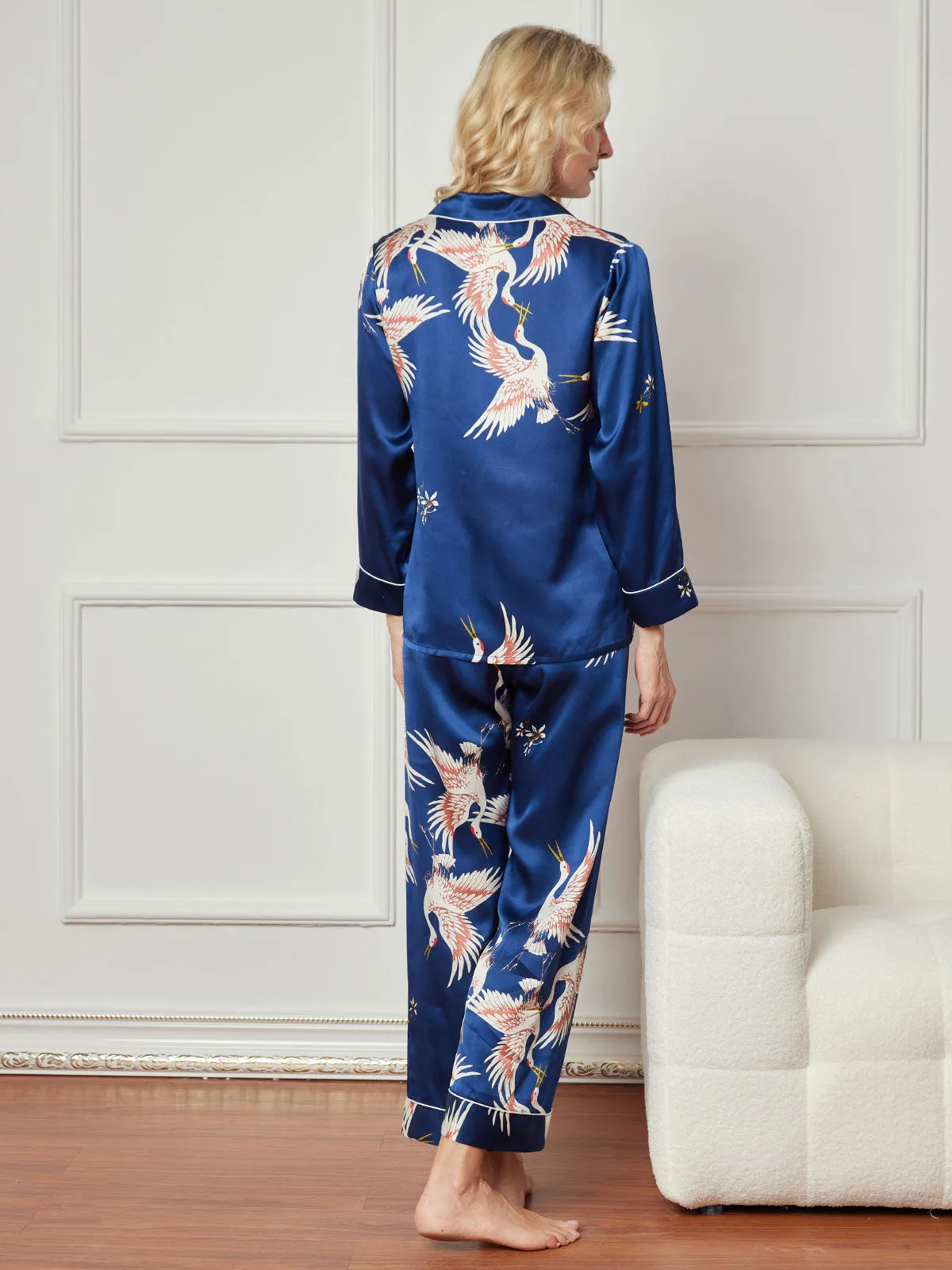 19Momme Pure Silk Printed Classic Binding Trim Long Sleeves Womens Pajama set