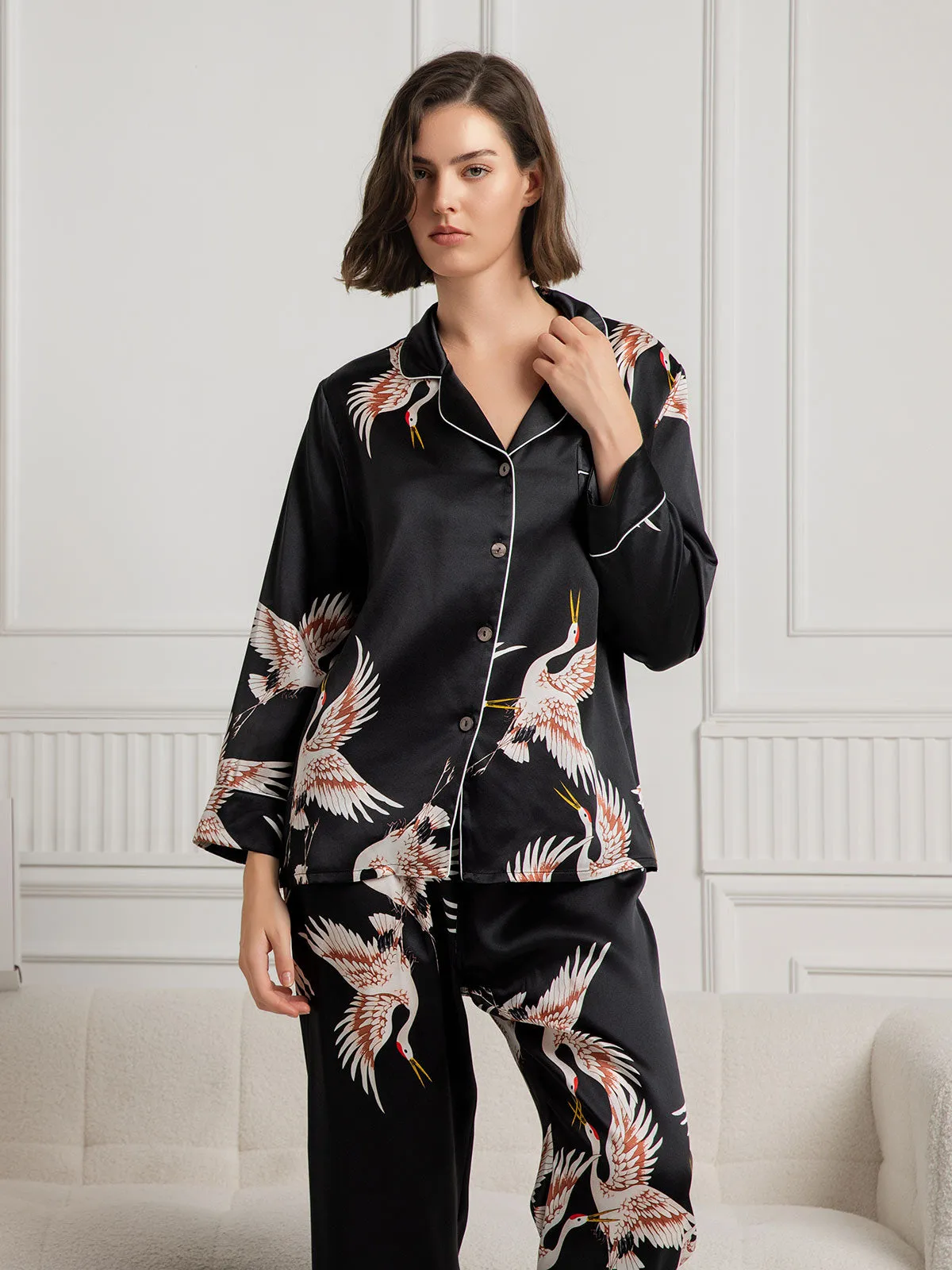 19Momme Pure Silk Printed Classic Binding Trim Long Sleeves Womens Pajama set