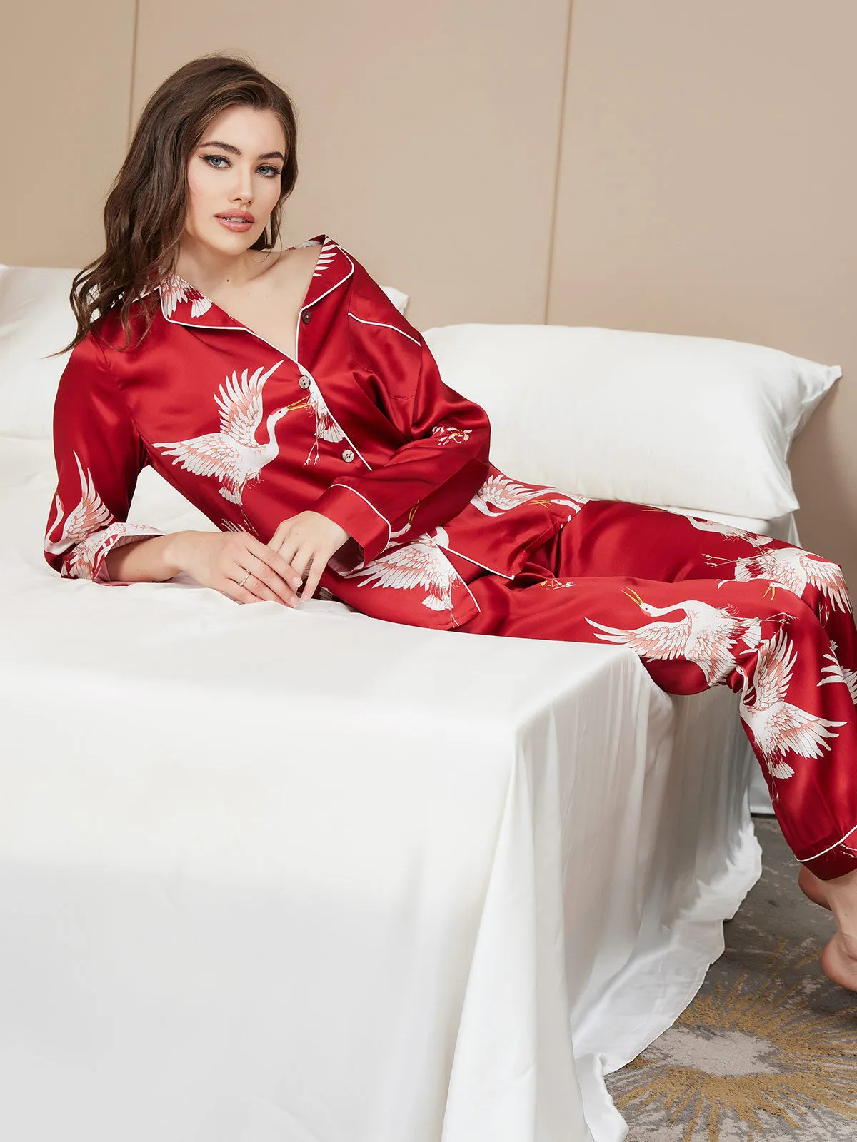19Momme Pure Silk Printed Classic Binding Trim Long Sleeves Womens Pajama set