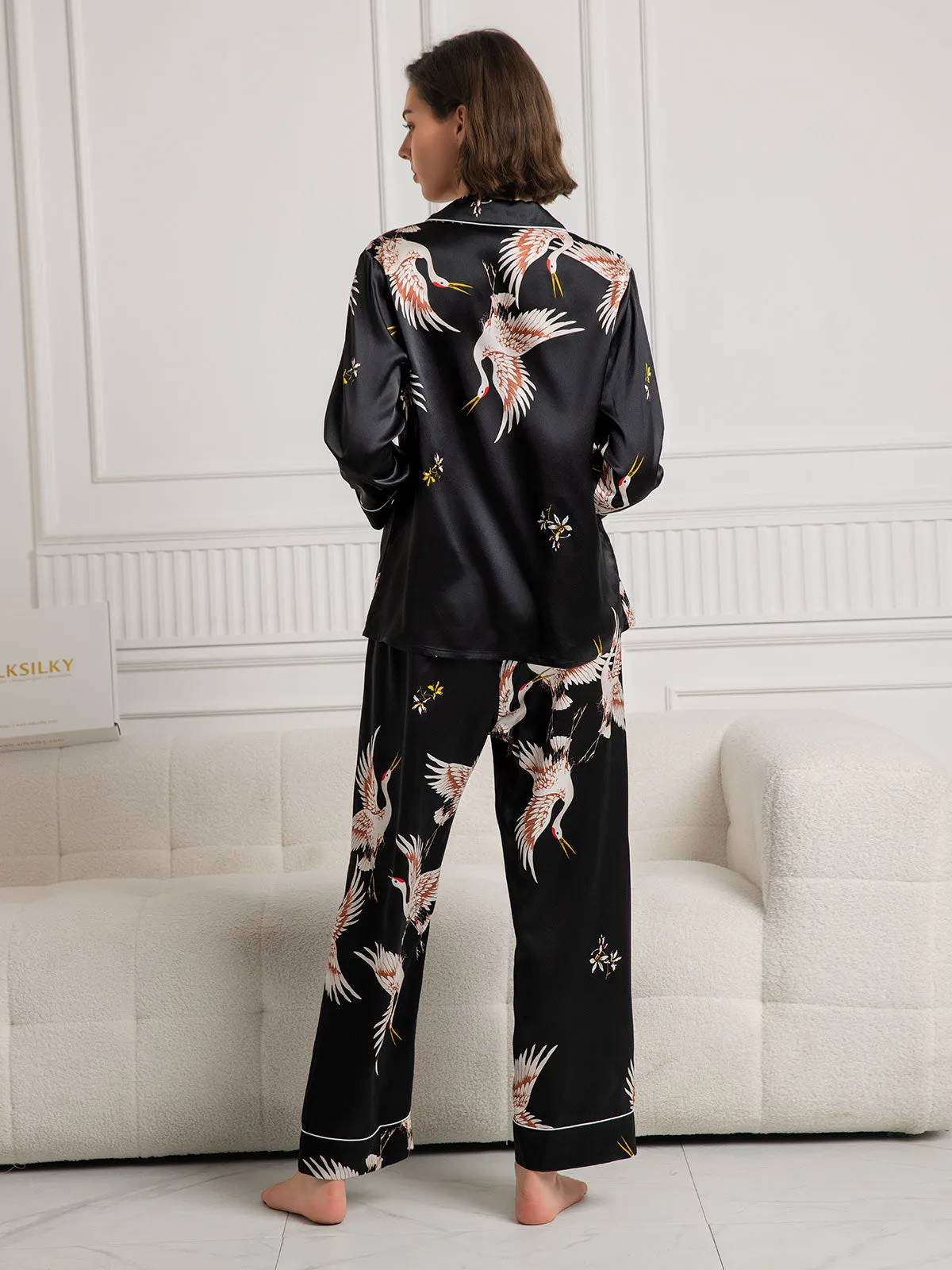 19Momme Pure Silk Printed Classic Binding Trim Long Sleeves Womens Pajama set