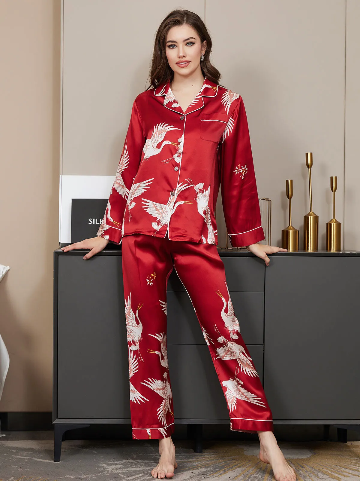 19Momme Pure Silk Printed Classic Binding Trim Long Sleeves Womens Pajama set