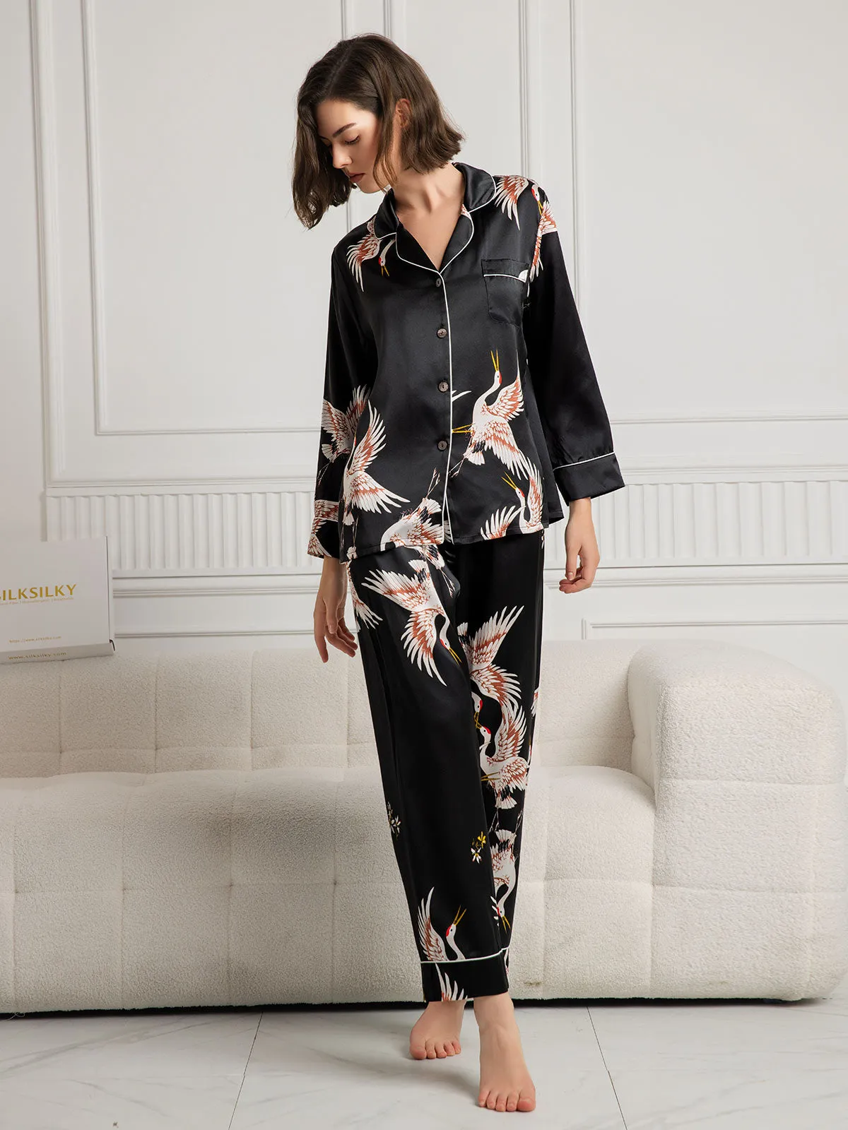 19Momme Pure Silk Printed Classic Binding Trim Long Sleeves Womens Pajama set