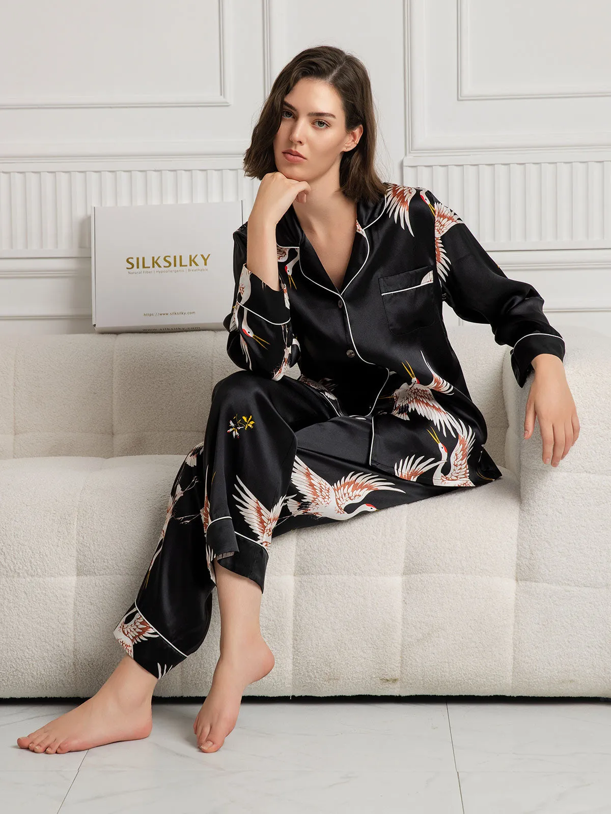 19Momme Pure Silk Printed Classic Binding Trim Long Sleeves Womens Pajama set