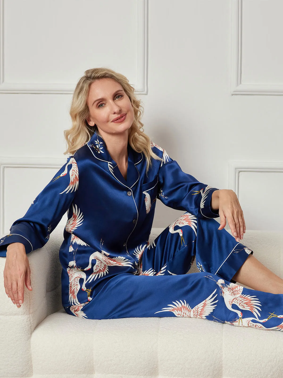19Momme Pure Silk Printed Classic Binding Trim Long Sleeves Womens Pajama set