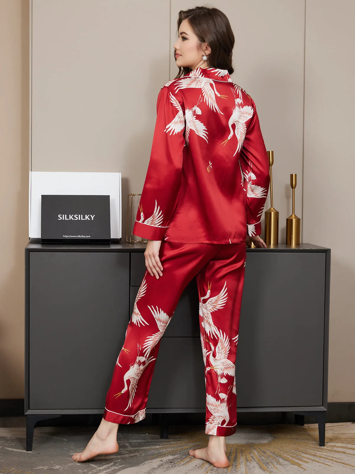 19Momme Pure Silk Printed Classic Binding Trim Long Sleeves Womens Pajama set