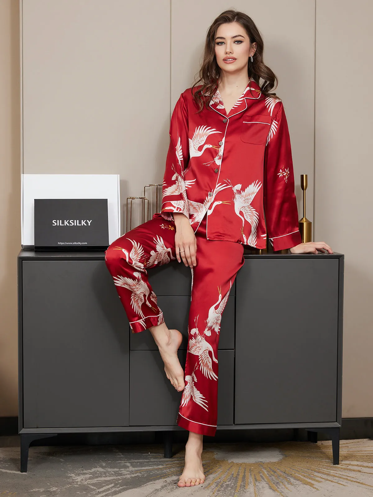 19Momme Pure Silk Printed Classic Binding Trim Long Sleeves Womens Pajama set