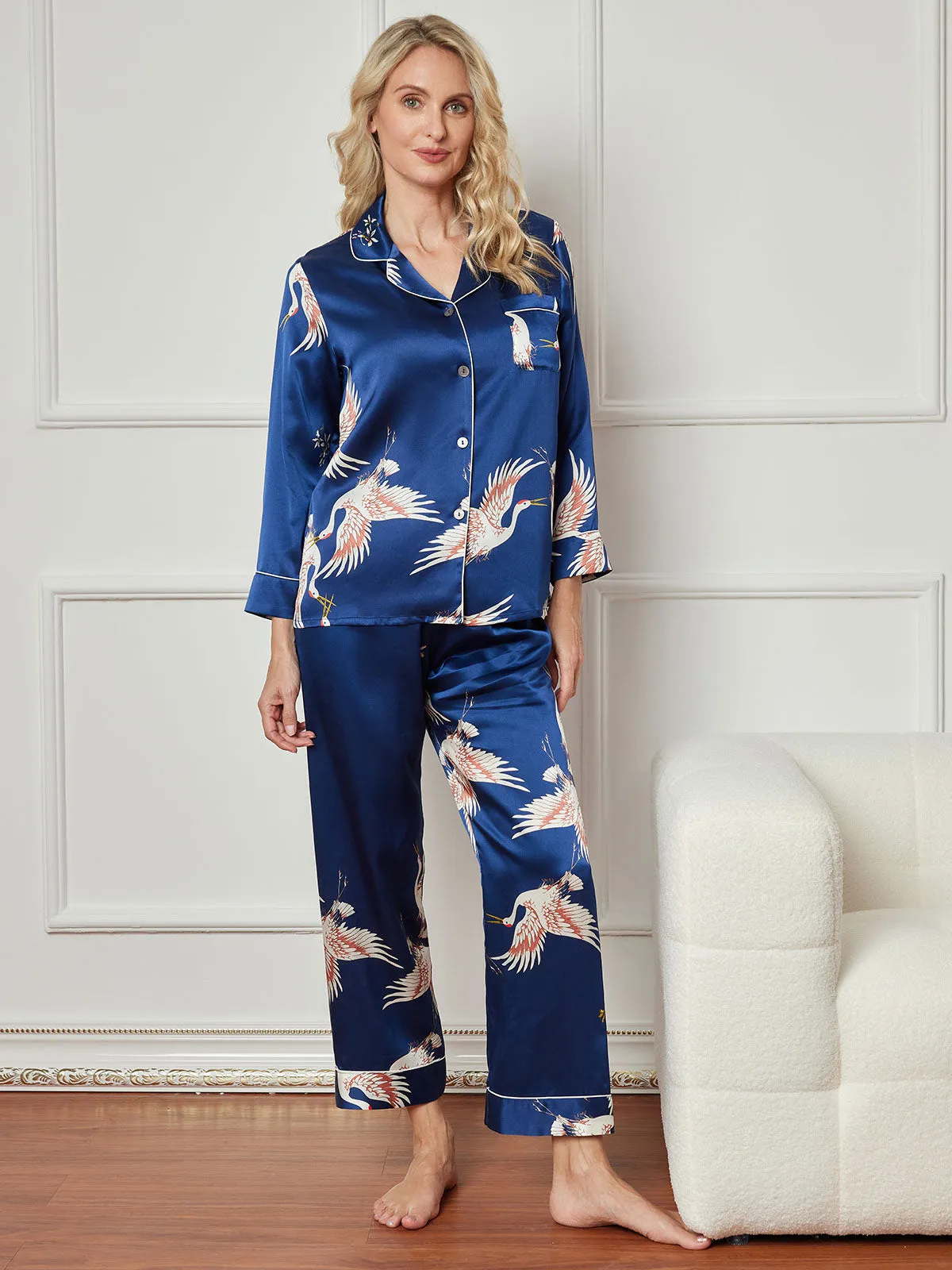 19Momme Pure Silk Printed Classic Binding Trim Long Sleeves Womens Pajama set
