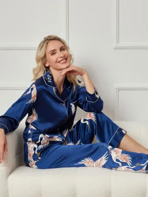 19Momme Pure Silk Printed Classic Binding Trim Long Sleeves Womens Pajama set