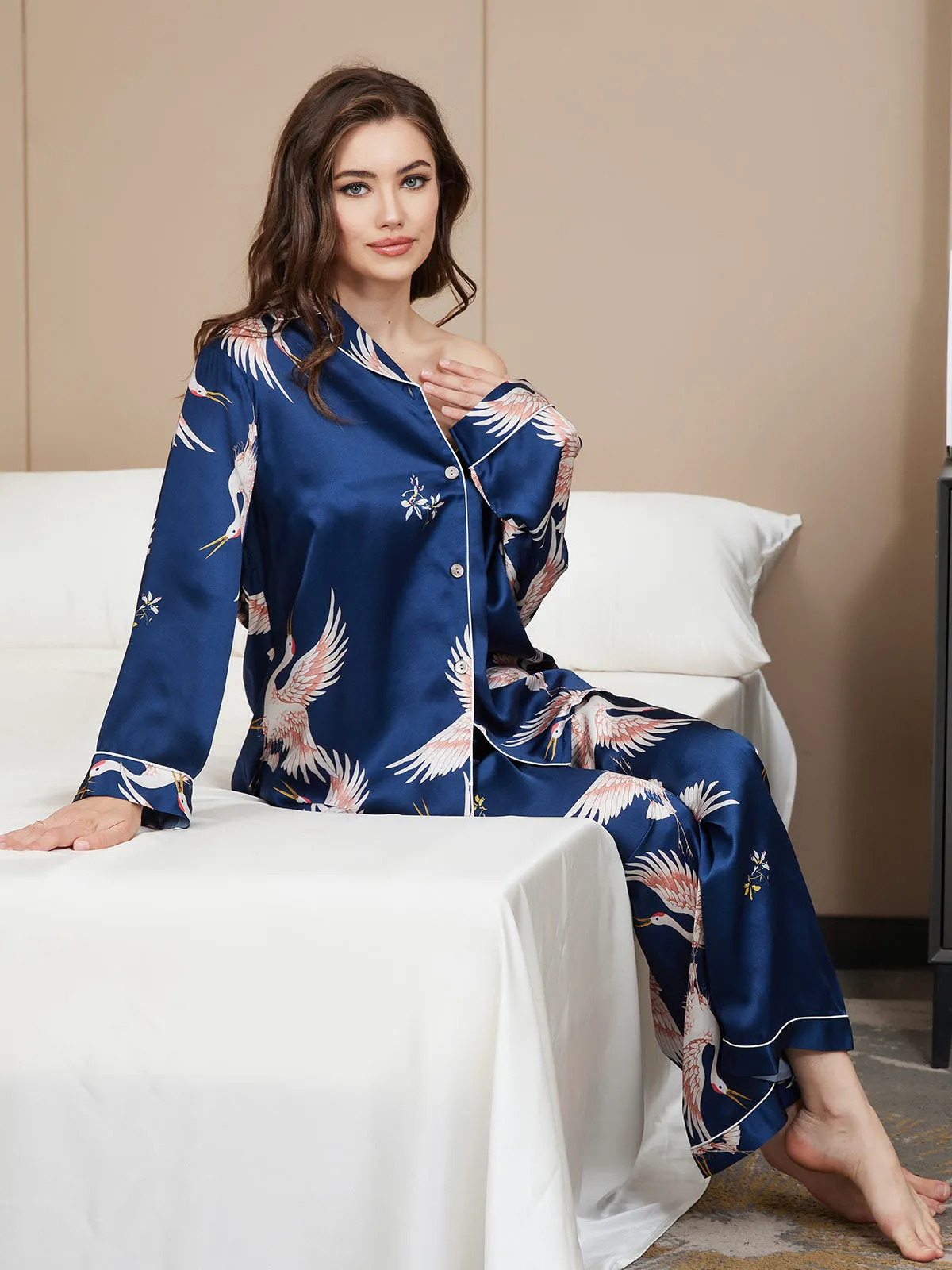 19Momme Pure Silk Printed Classic Binding Trim Womens Pajama set