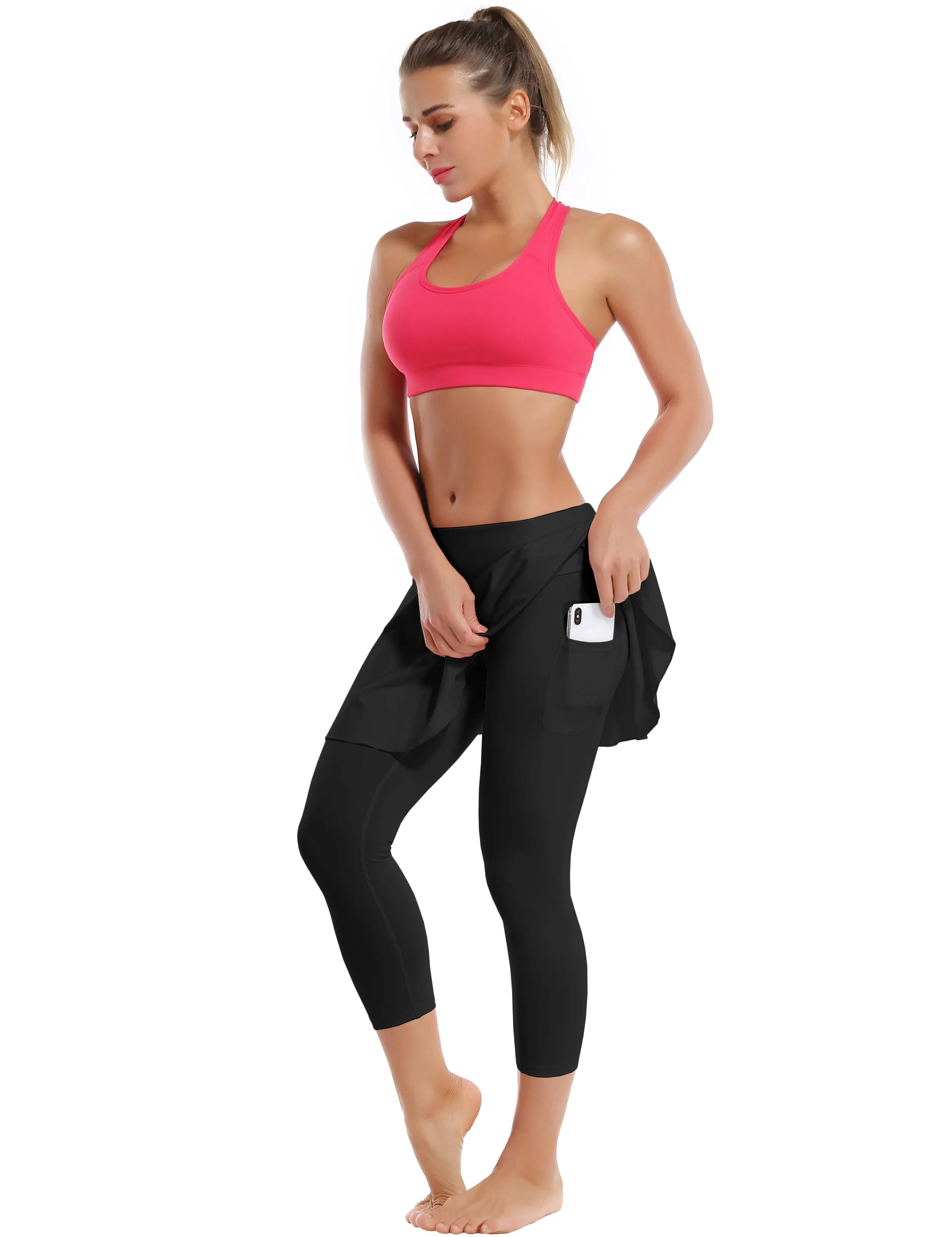 19" Capris Tennis Golf Skirted Leggings with Pockets black_Plus Size