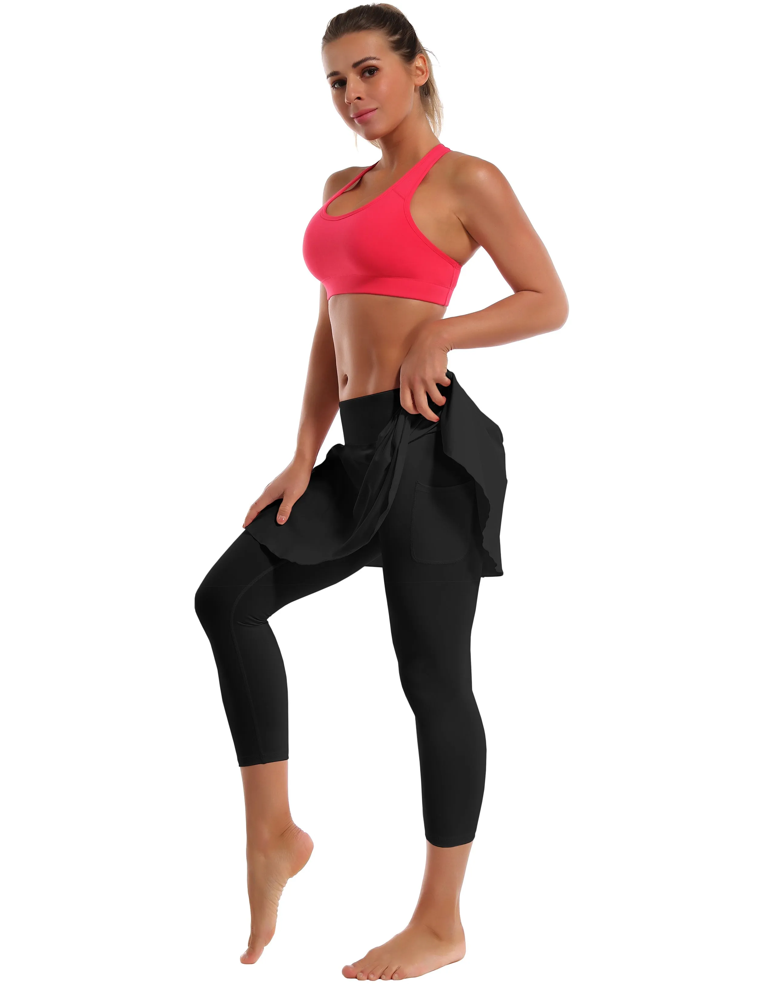 19" Capris Tennis Golf Skirted Leggings with Pockets black_Plus Size