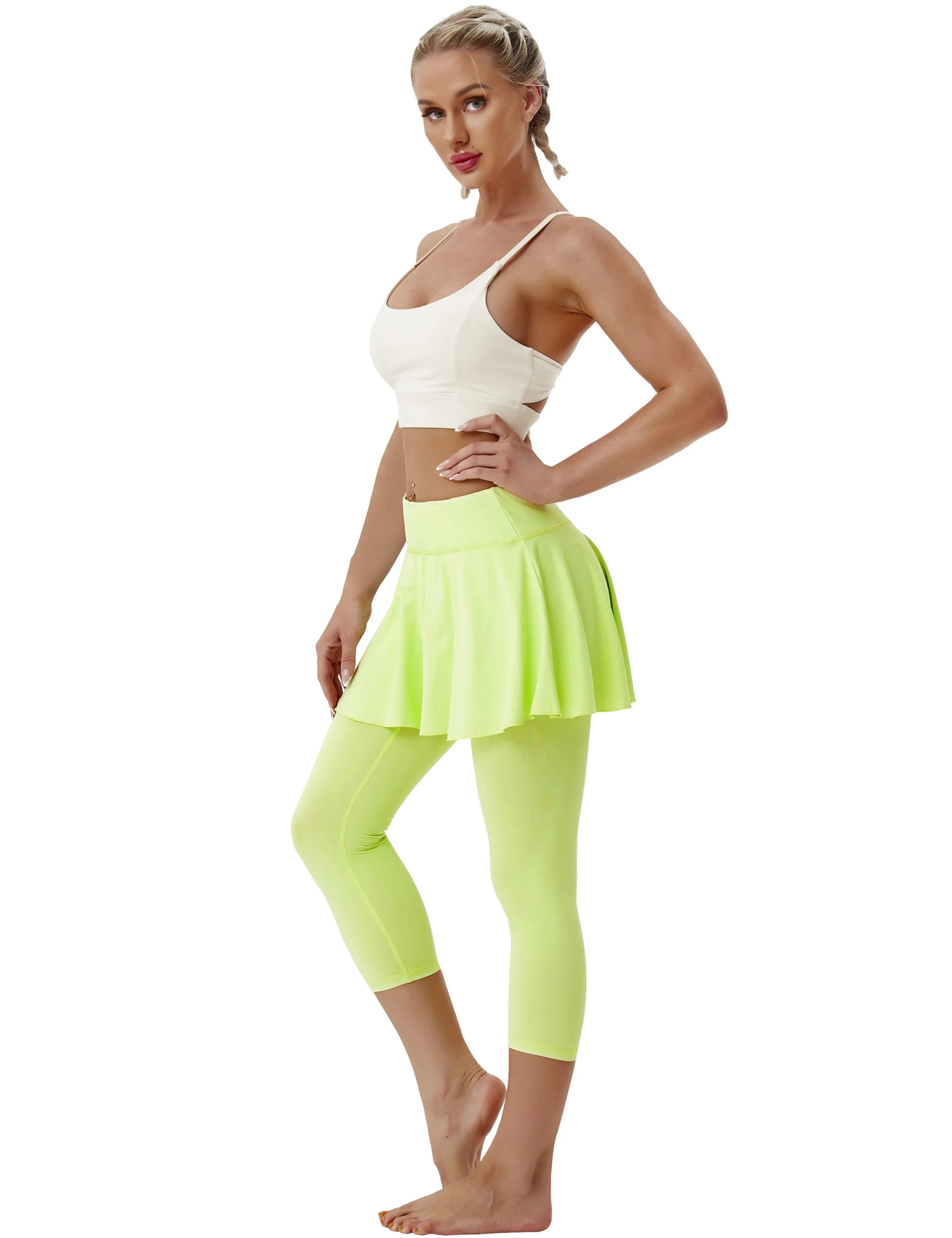 19" Capris Tennis Golf Skirted Leggings with Pockets neonyellow_Plus Size
