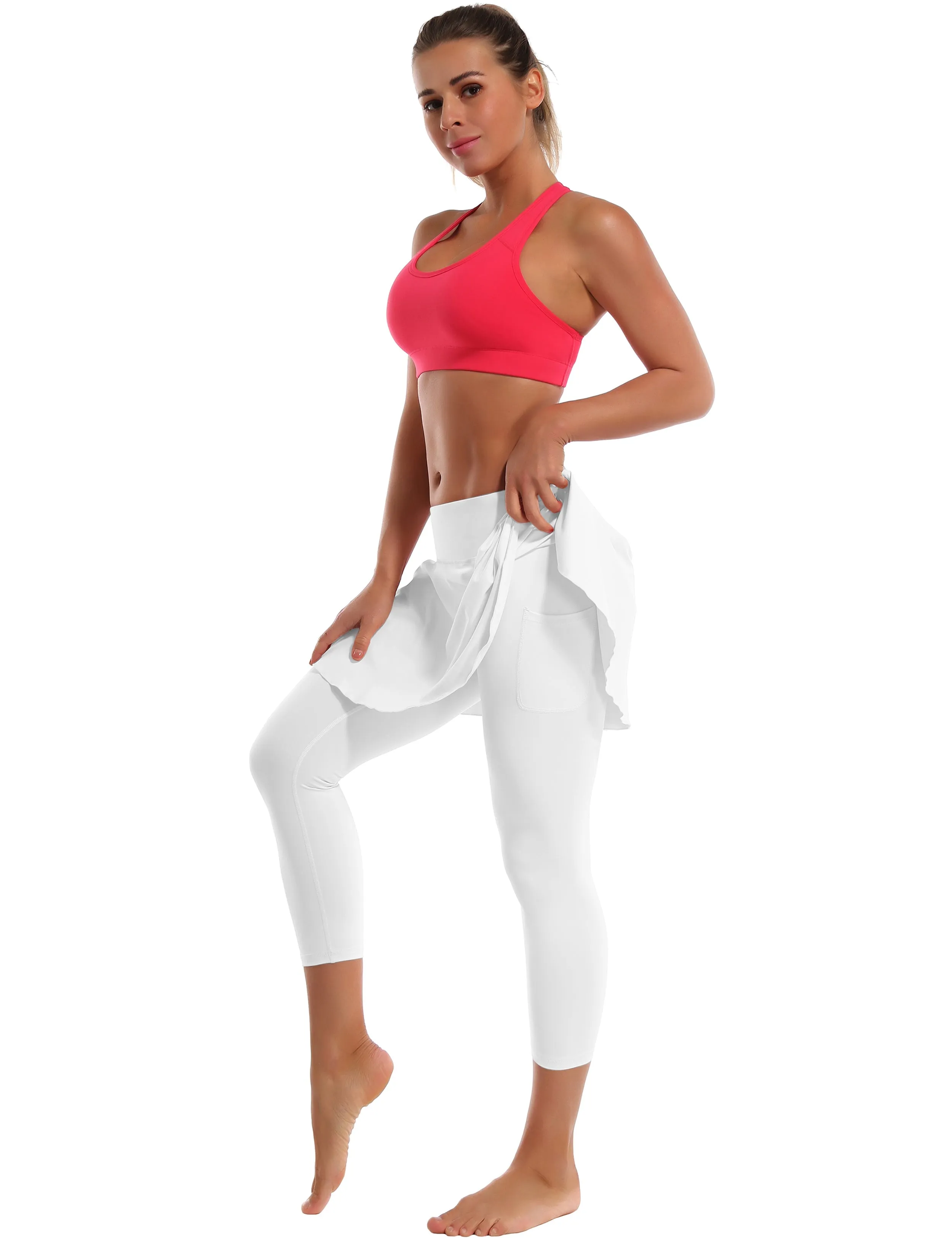 19" Capris Tennis Golf Skirted Leggings with Pockets white_Plus Size