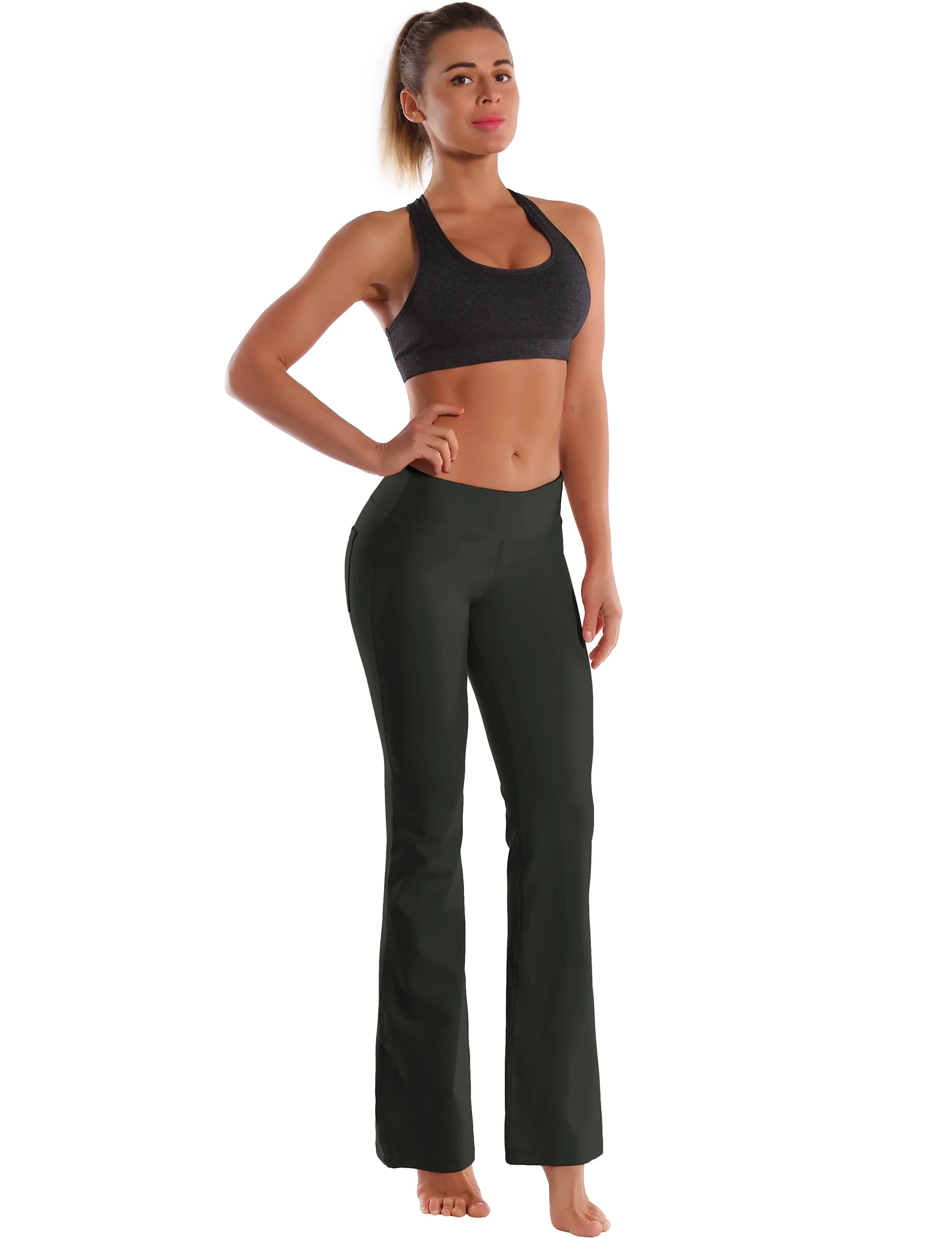 29" 31" 33" 35" 37"  Back Pockets Bootcut Leggings olivegray_Pilates