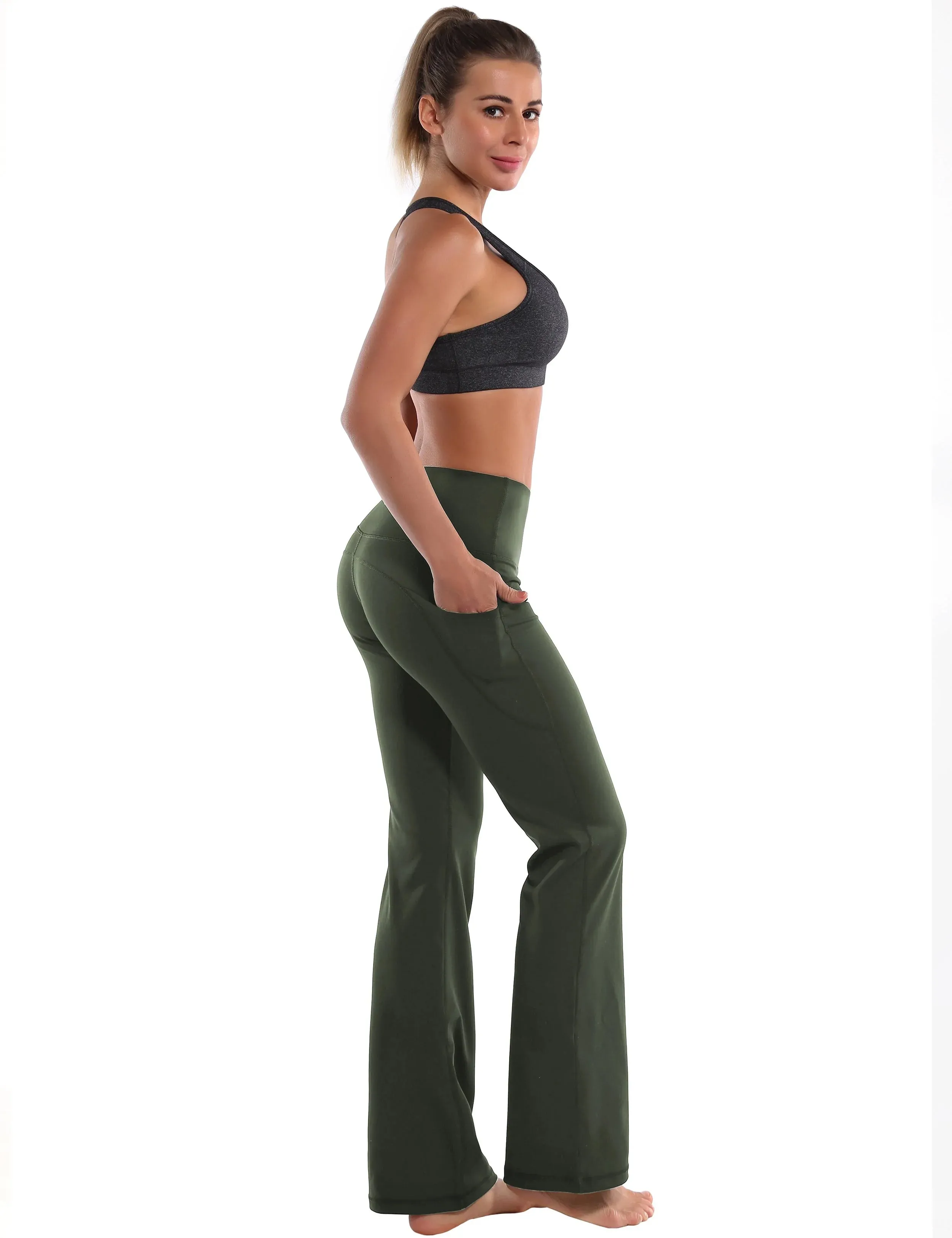 29" 31" 33" 35" 37"  Side Pockets Bootcut Leggings olivegreen_yogastudio
