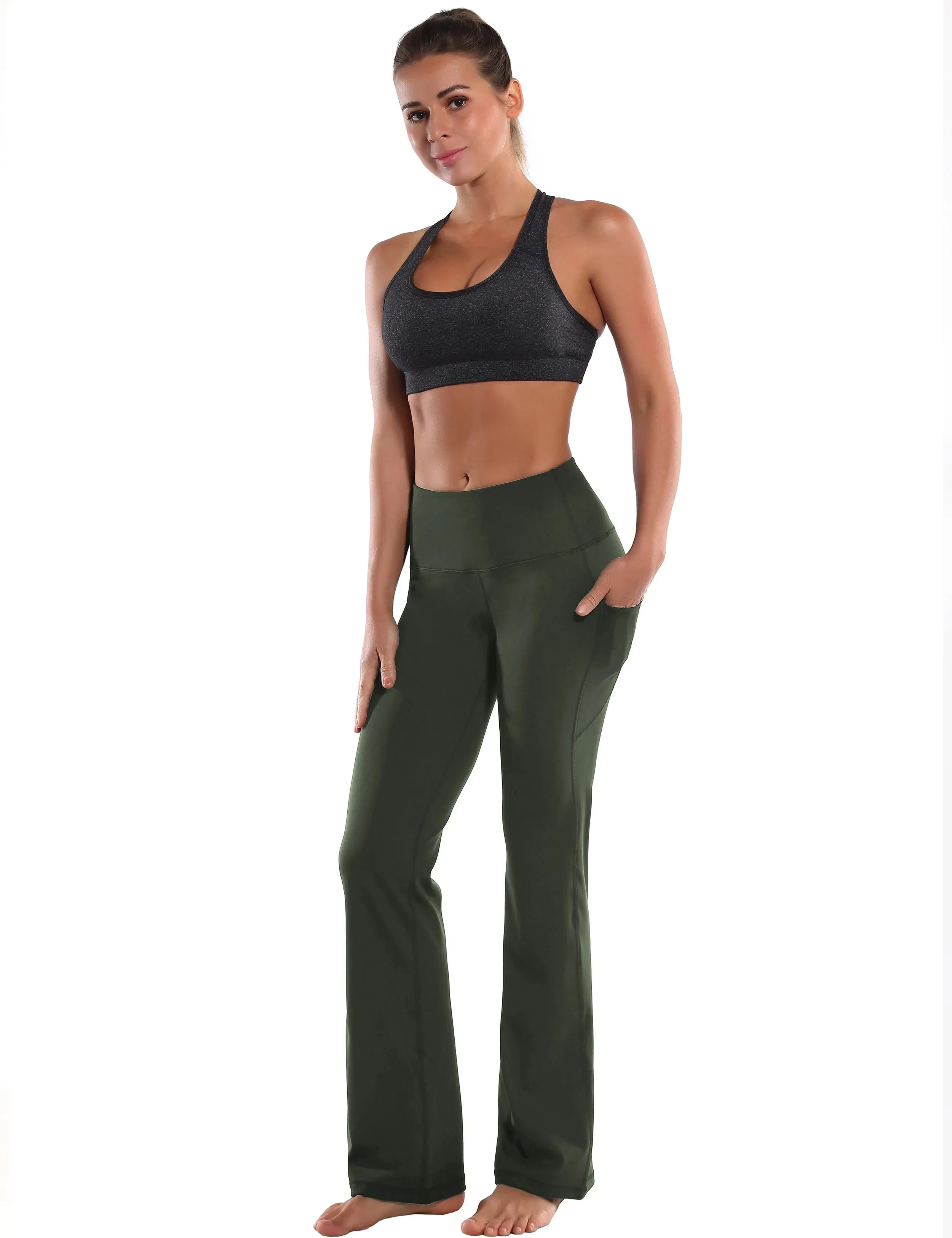 29" 31" 33" 35" 37"  Side Pockets Bootcut Leggings olivegreen_yogastudio