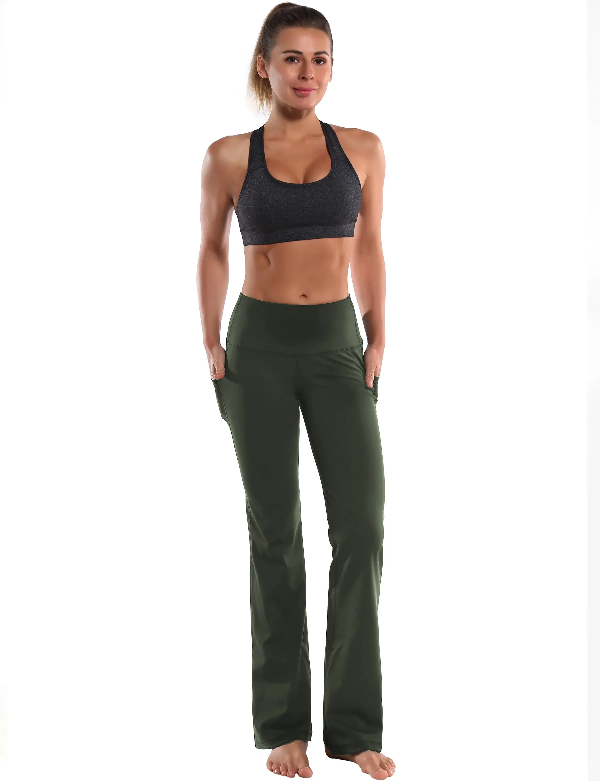 29" 31" 33" 35" 37"  Side Pockets Bootcut Leggings olivegreen_yogastudio