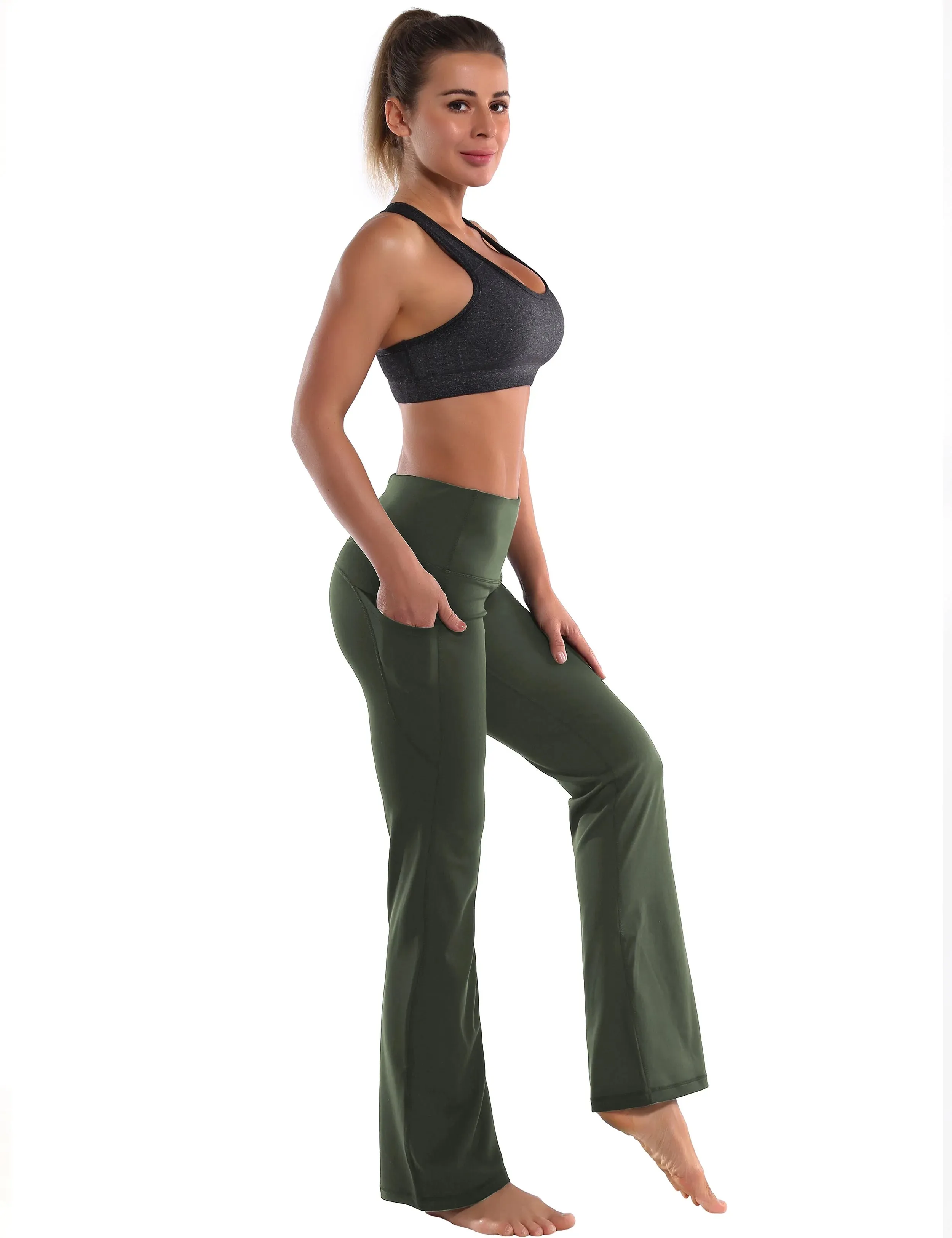 29" 31" 33" 35" 37"  Side Pockets Bootcut Leggings olivegreen_yogastudio