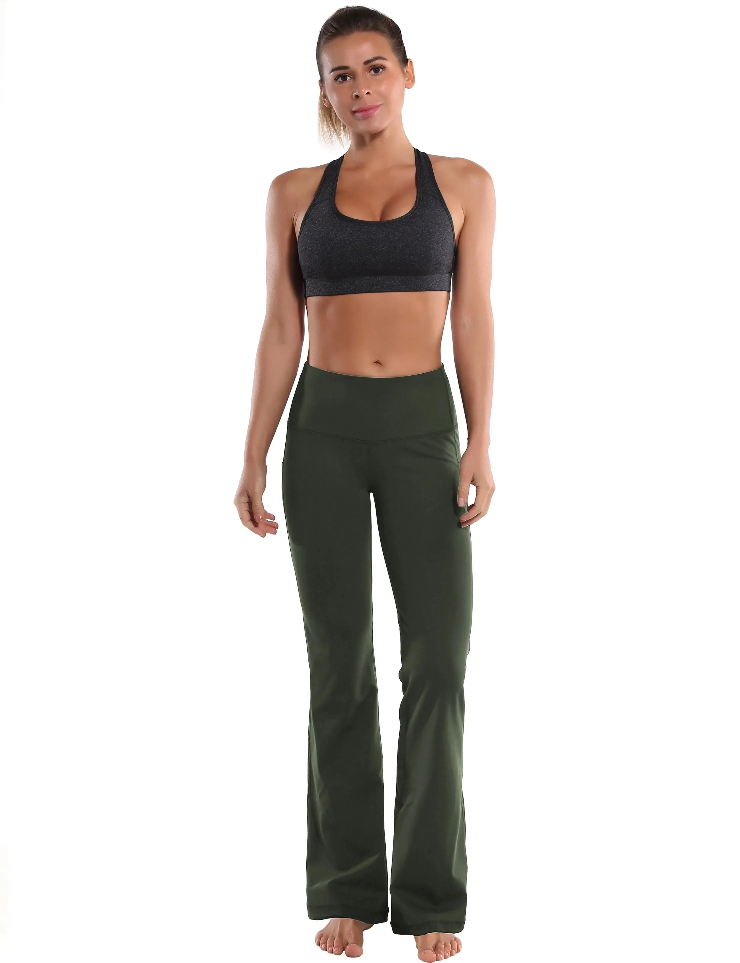 29" 31" 33" 35" 37"  Side Pockets Bootcut Leggings olivegreen_yogastudio