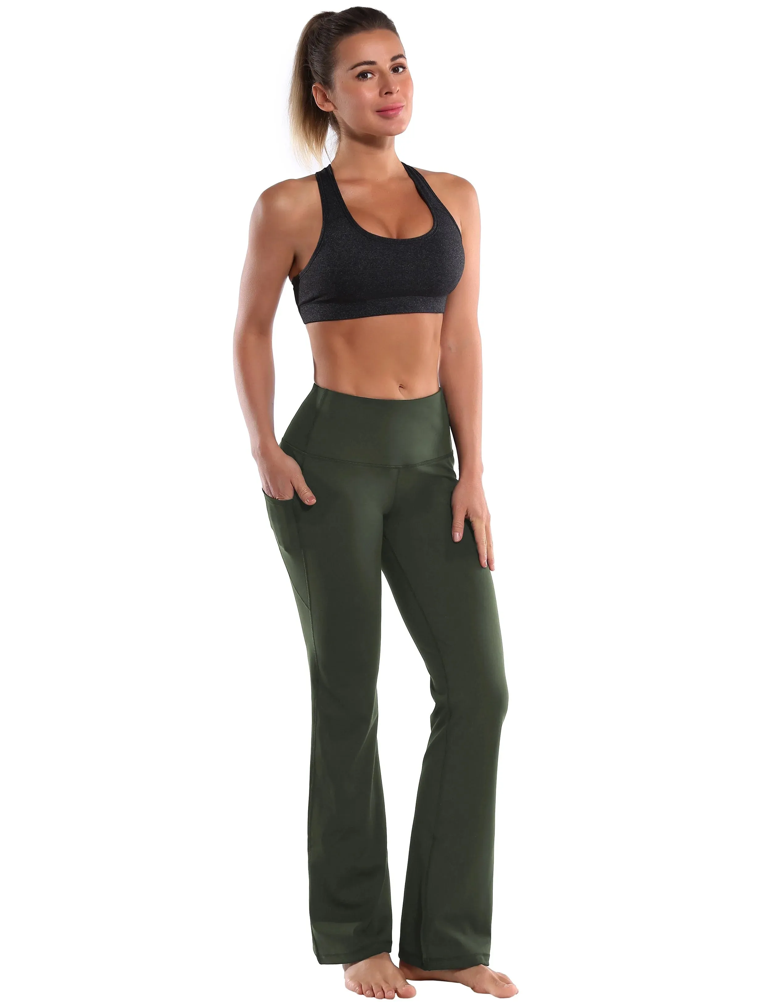 29" 31" 33" 35" 37"  Side Pockets Bootcut Leggings olivegreen_yogastudio