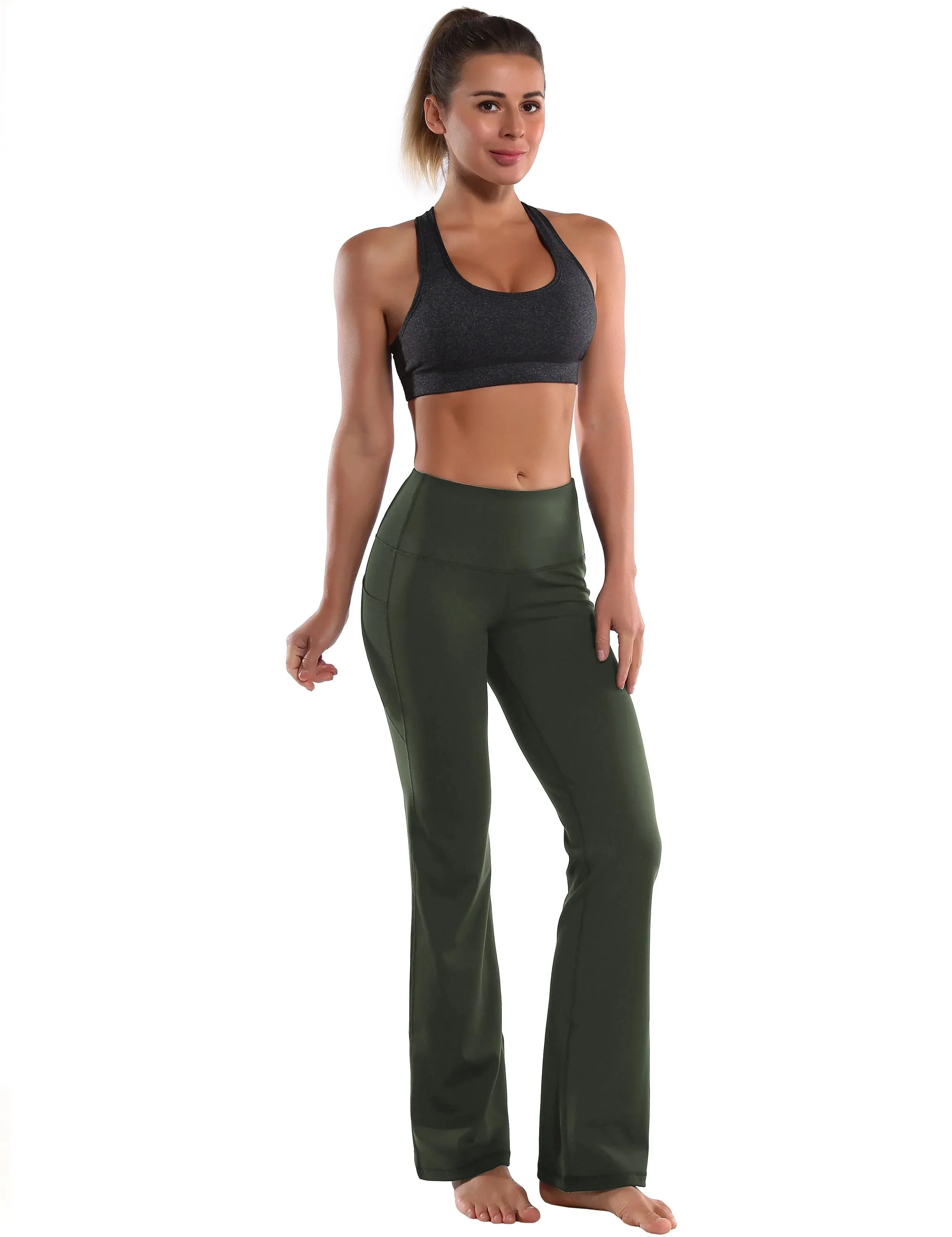 29" 31" 33" 35" 37"  Side Pockets Bootcut Leggings olivegreen_yogastudio