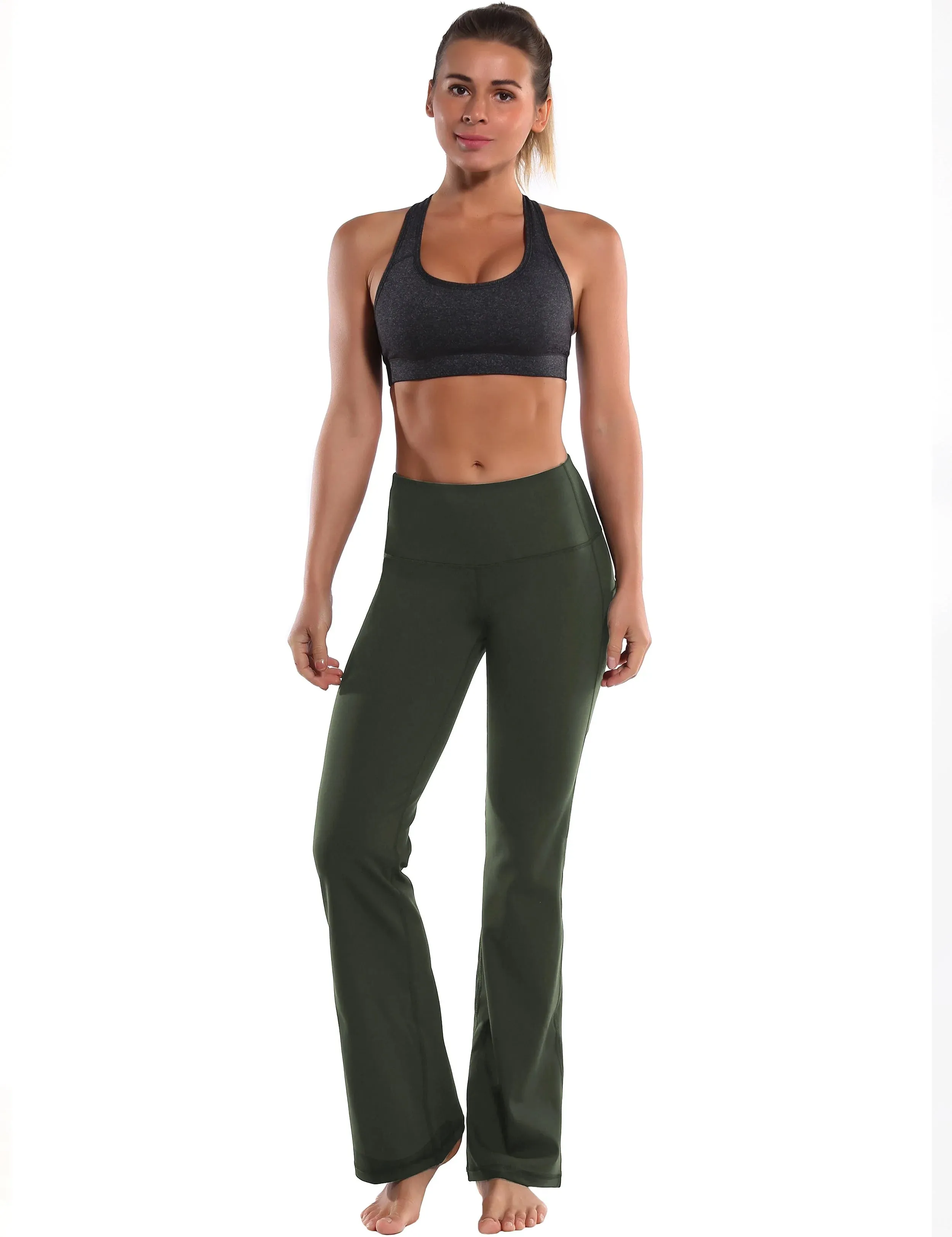 29" 31" 33" 35" 37"  Side Pockets Bootcut Leggings olivegreen_yogastudio