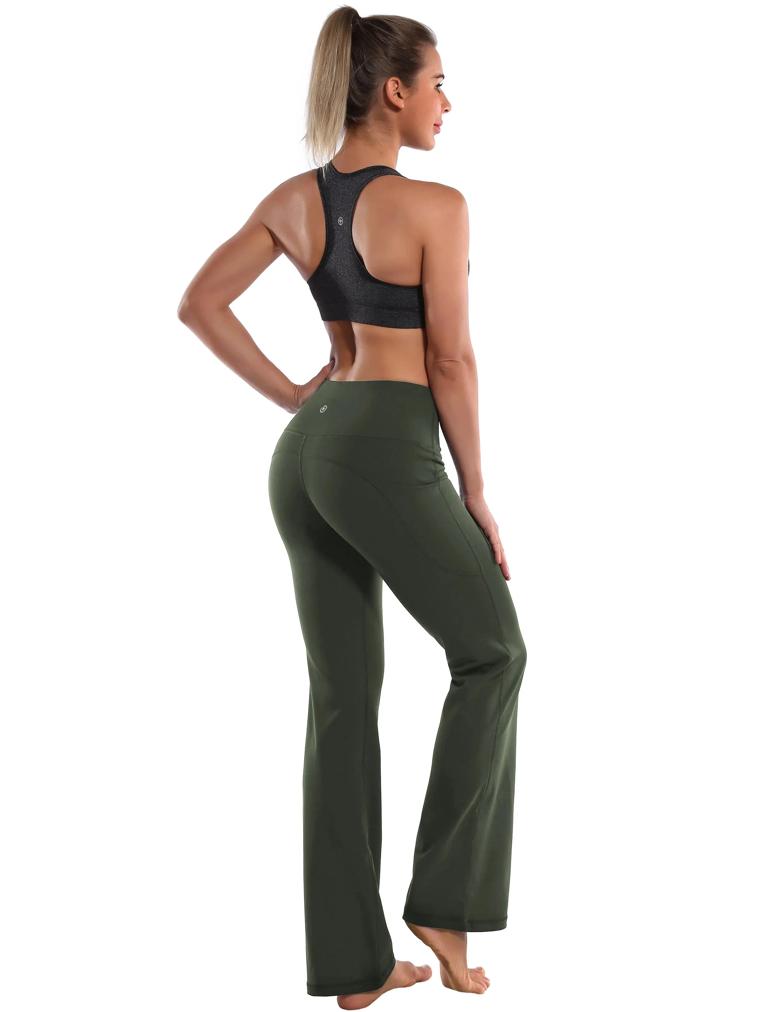 29" 31" 33" 35" 37"  Side Pockets Bootcut Leggings olivegreen_yogastudio