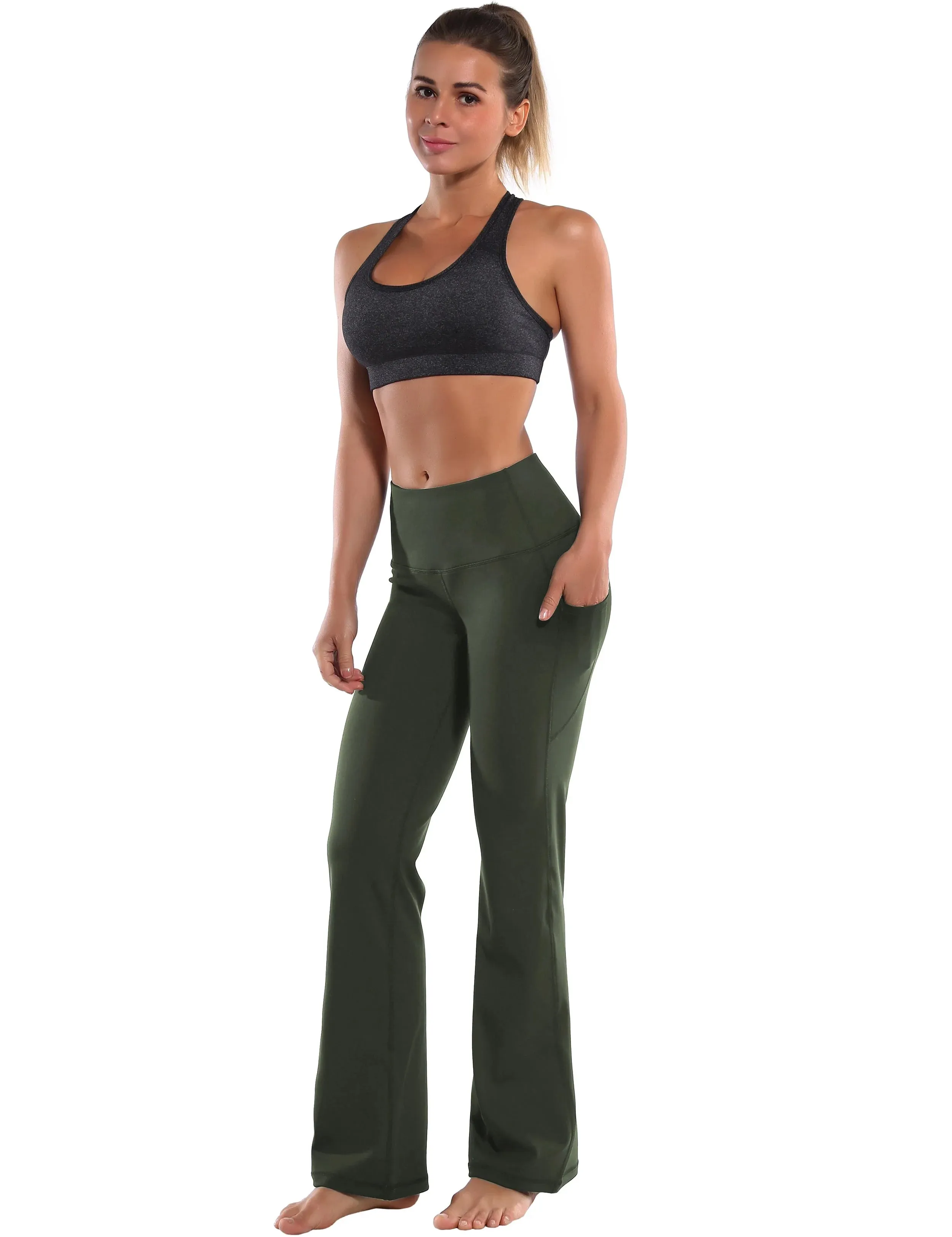 29" 31" 33" 35" 37"  Side Pockets Bootcut Leggings olivegreen_yogastudio