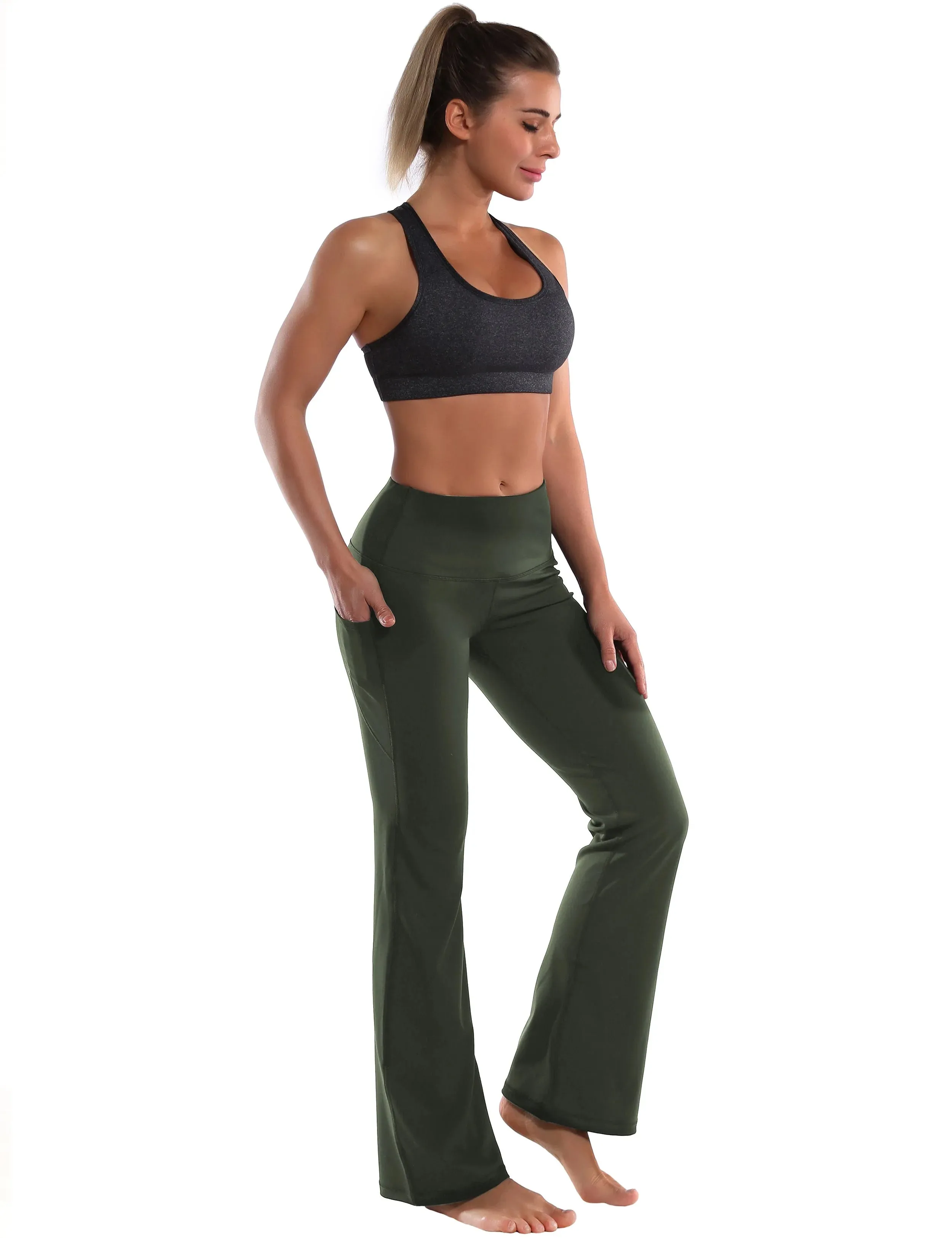29" 31" 33" 35" 37"  Side Pockets Bootcut Leggings olivegreen_yogastudio