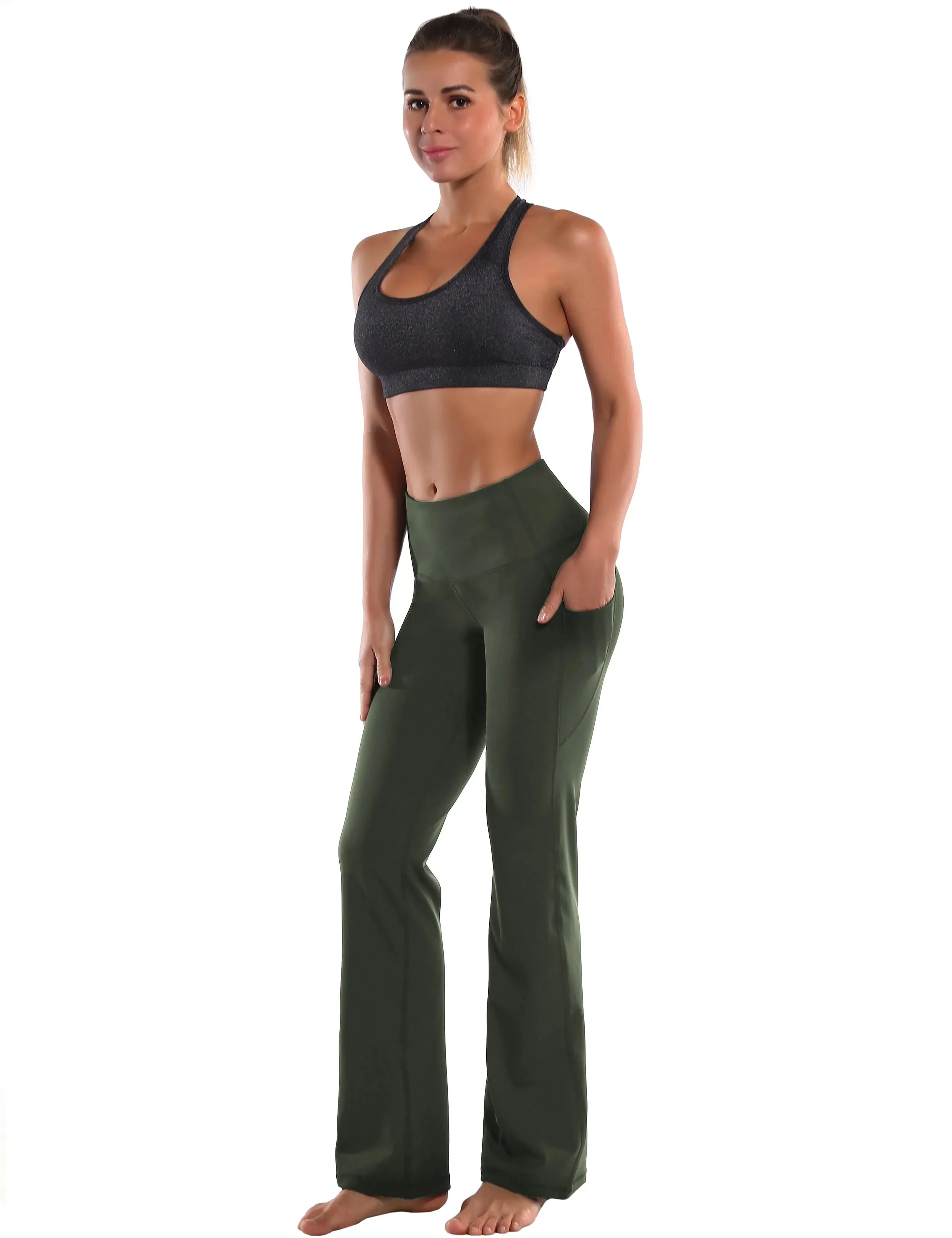 29" 31" 33" 35" 37"  Side Pockets Bootcut Leggings olivegreen_yogastudio