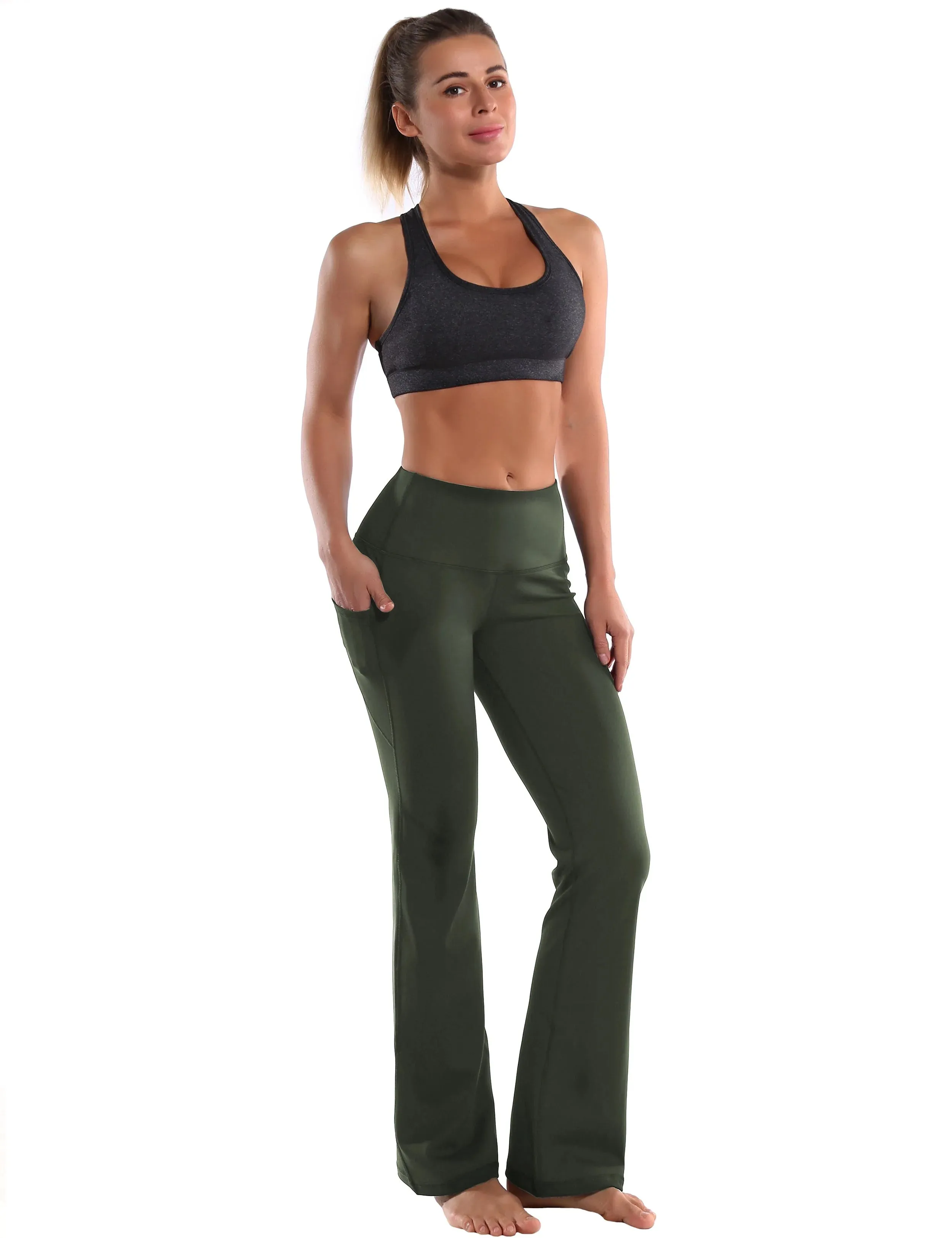 29" 31" 33" 35" 37"  Side Pockets Bootcut Leggings olivegreen_yogastudio