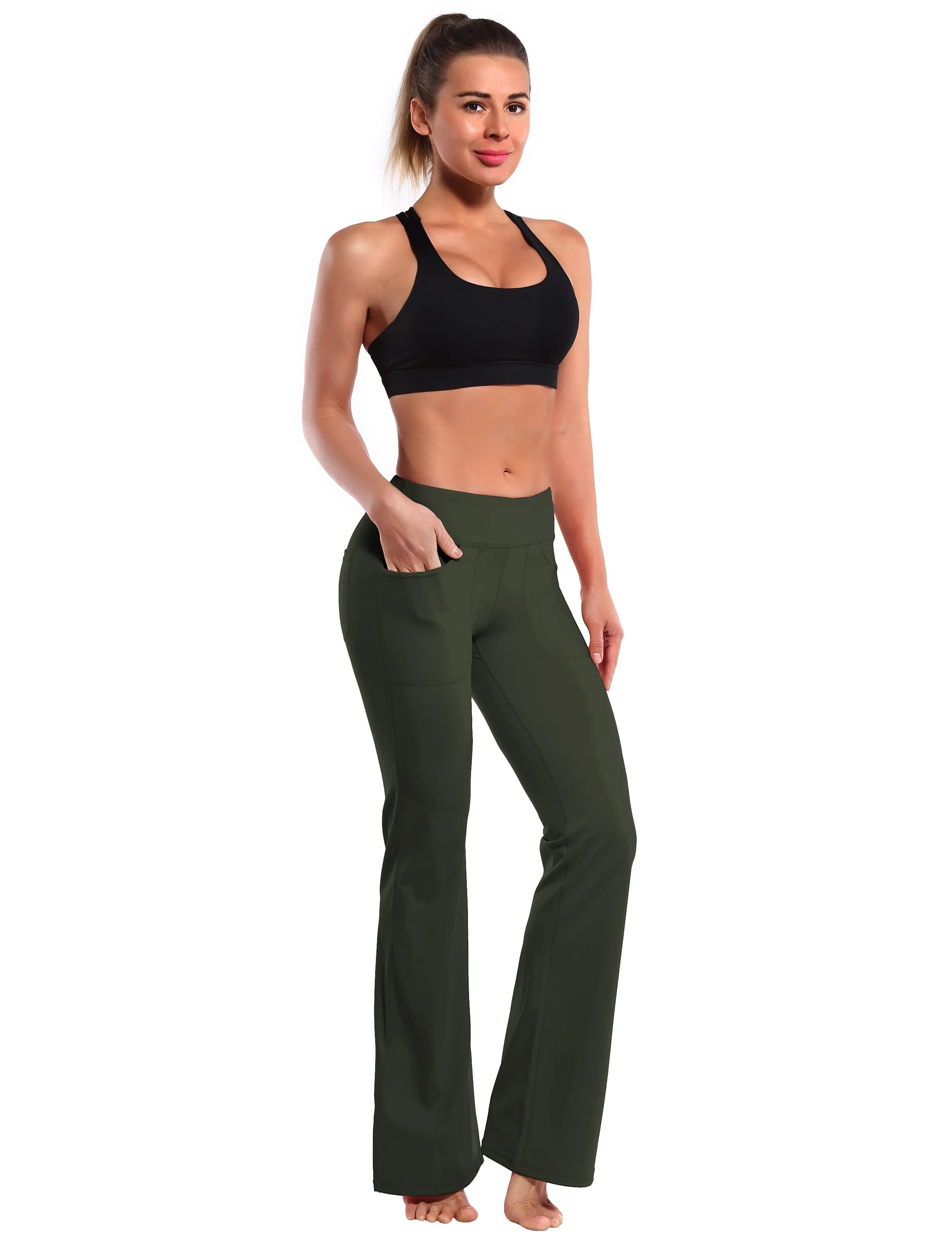29" 31" 33" 35" Bootcut Leggings with Pockets olivegray ins_Jogging