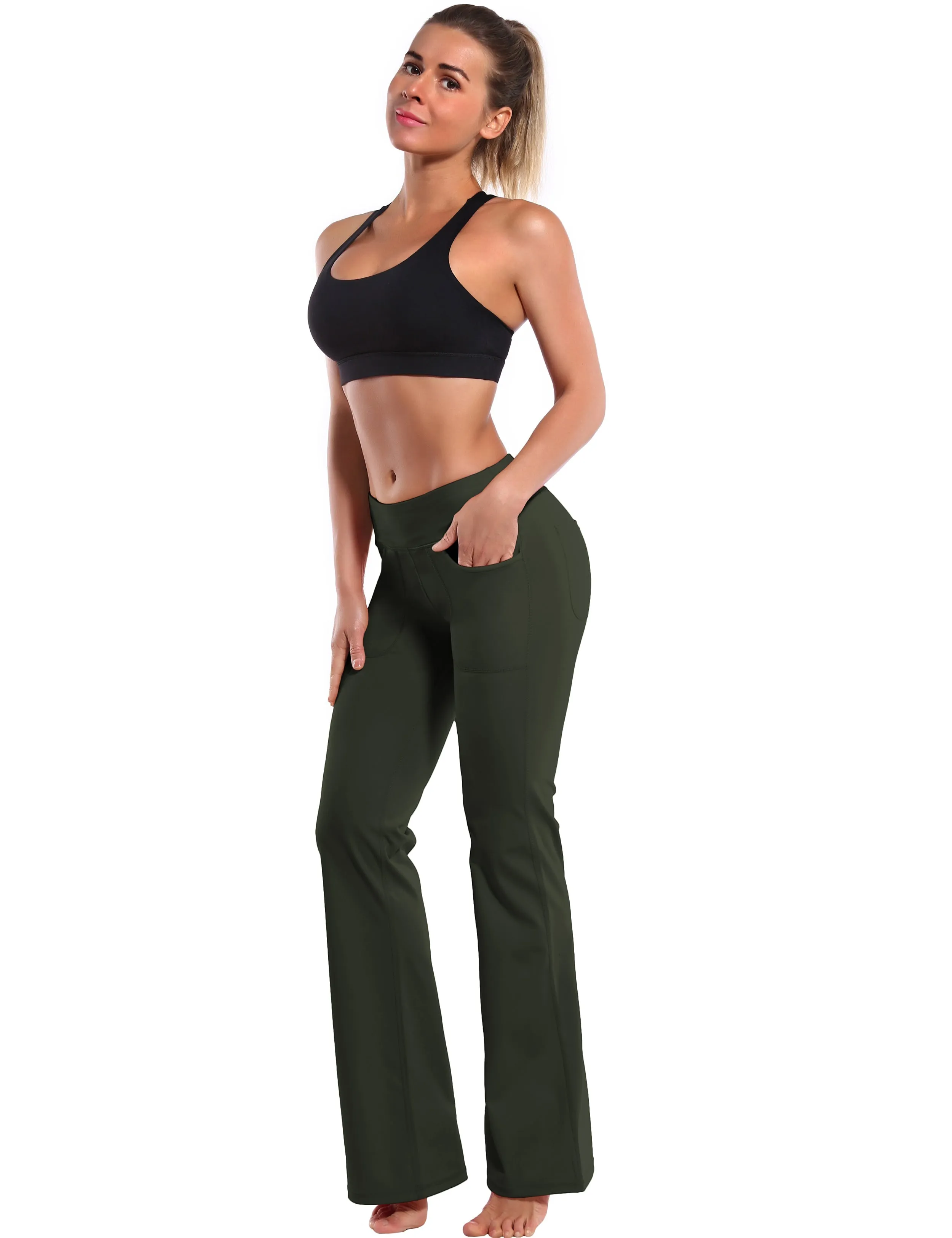 29" 31" 33" 35" Bootcut Leggings with Pockets olivegray ins_Pilates