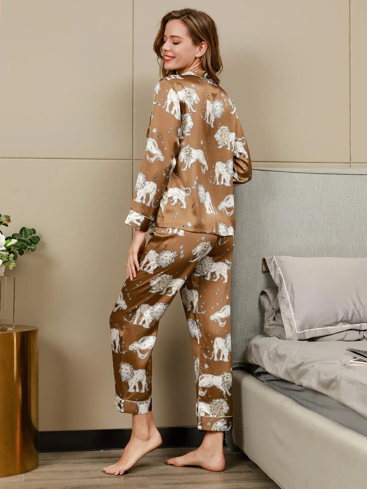 Clearance(US Warehouse) -Lion Printed Luxurious Pure Silk Pajamas Set