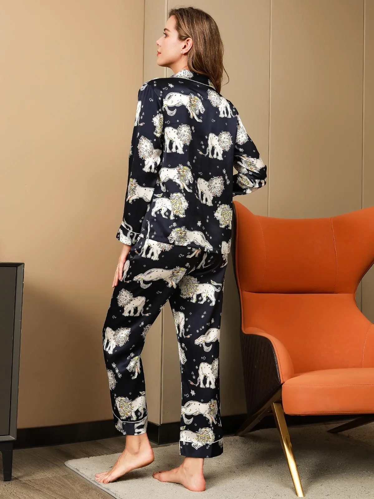 Clearance(US Warehouse) -Lion Printed Luxurious Pure Silk Pajamas Set