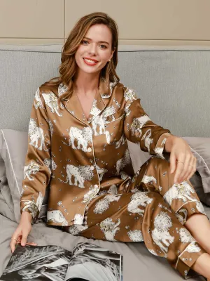 Clearance(US Warehouse) -Lion Printed Luxurious Pure Silk Pajamas Set