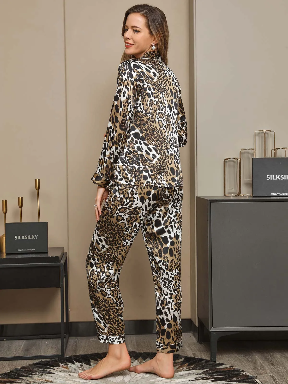 Clearance(US Warehouse) -Pure Silk Leopard Pattern Piping Trim Pajamas 2Pcs