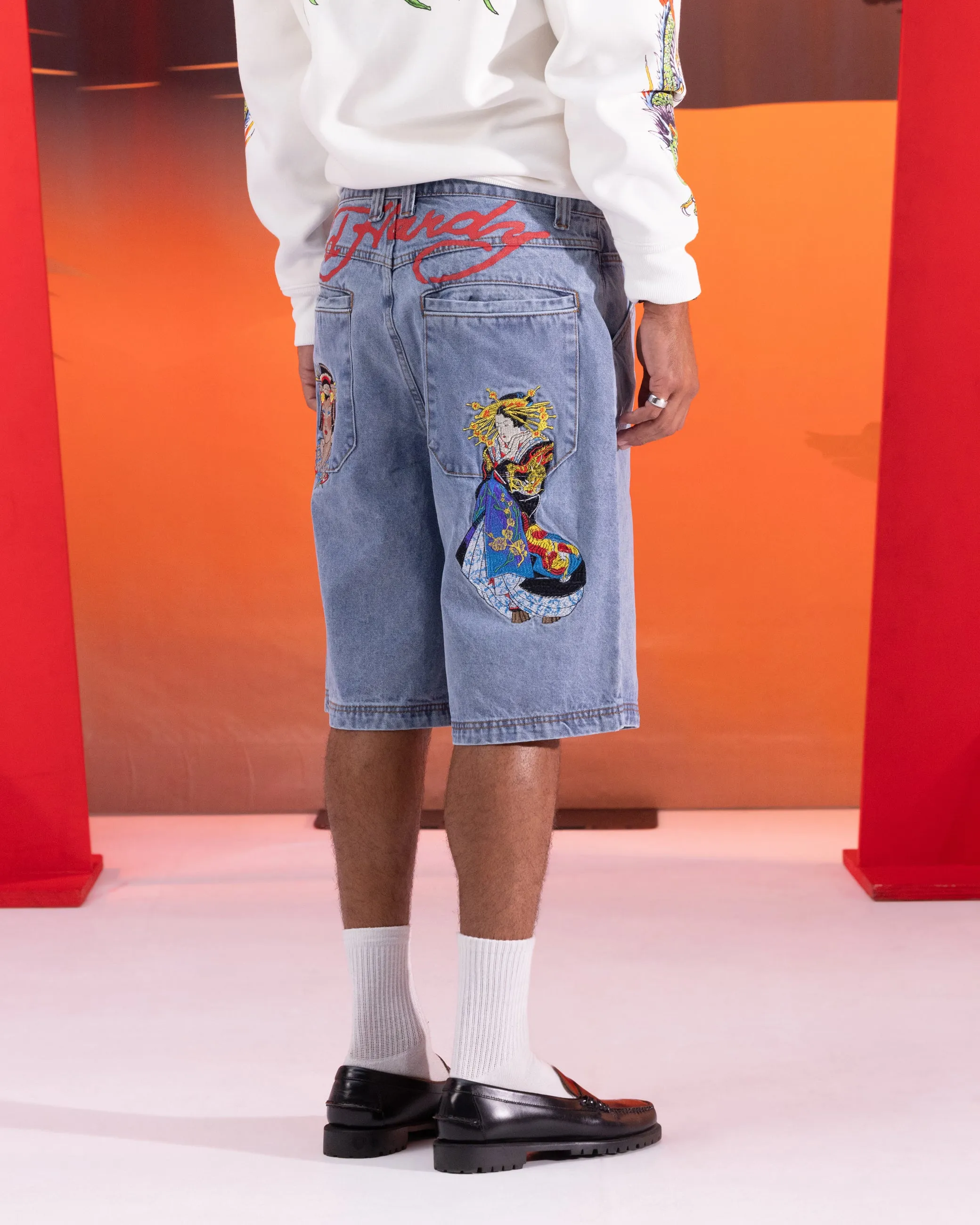 Ed Hardy Geisha Jorts Light Wash Blue