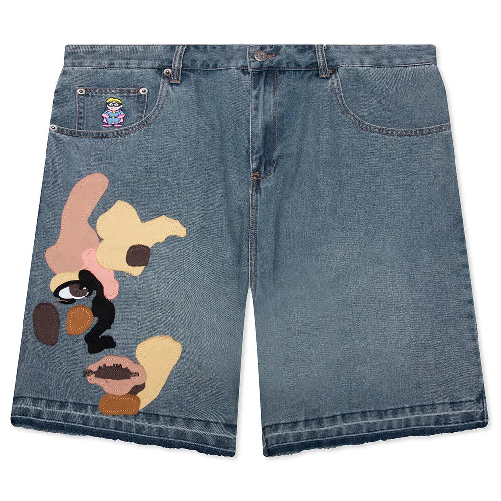 Face Patchwork Baggy Shorts - Light Wash