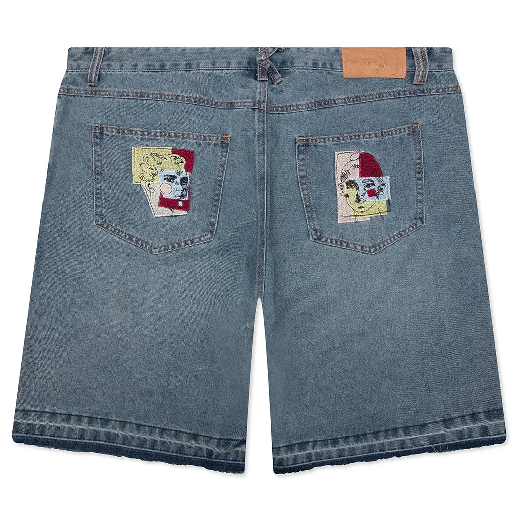 Face Patchwork Baggy Shorts - Light Wash