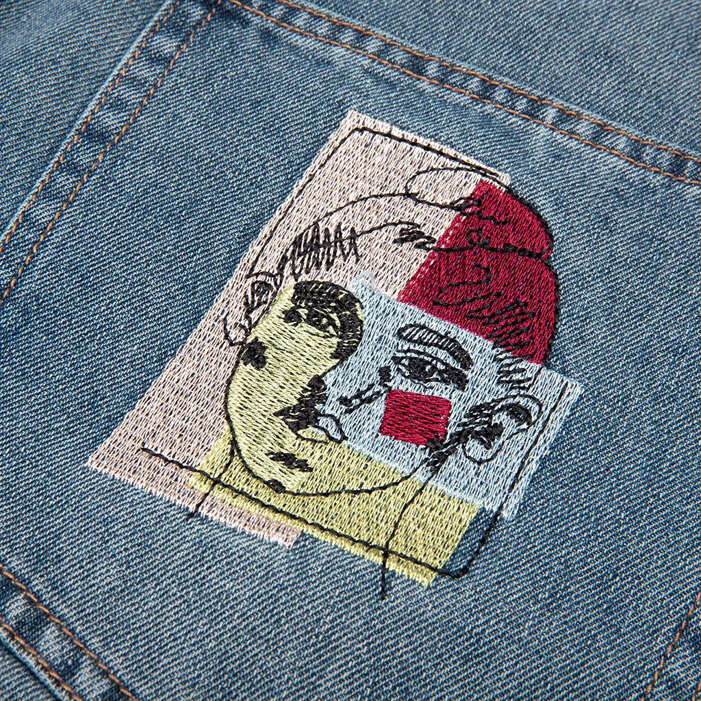 Face Patchwork Baggy Shorts - Light Wash