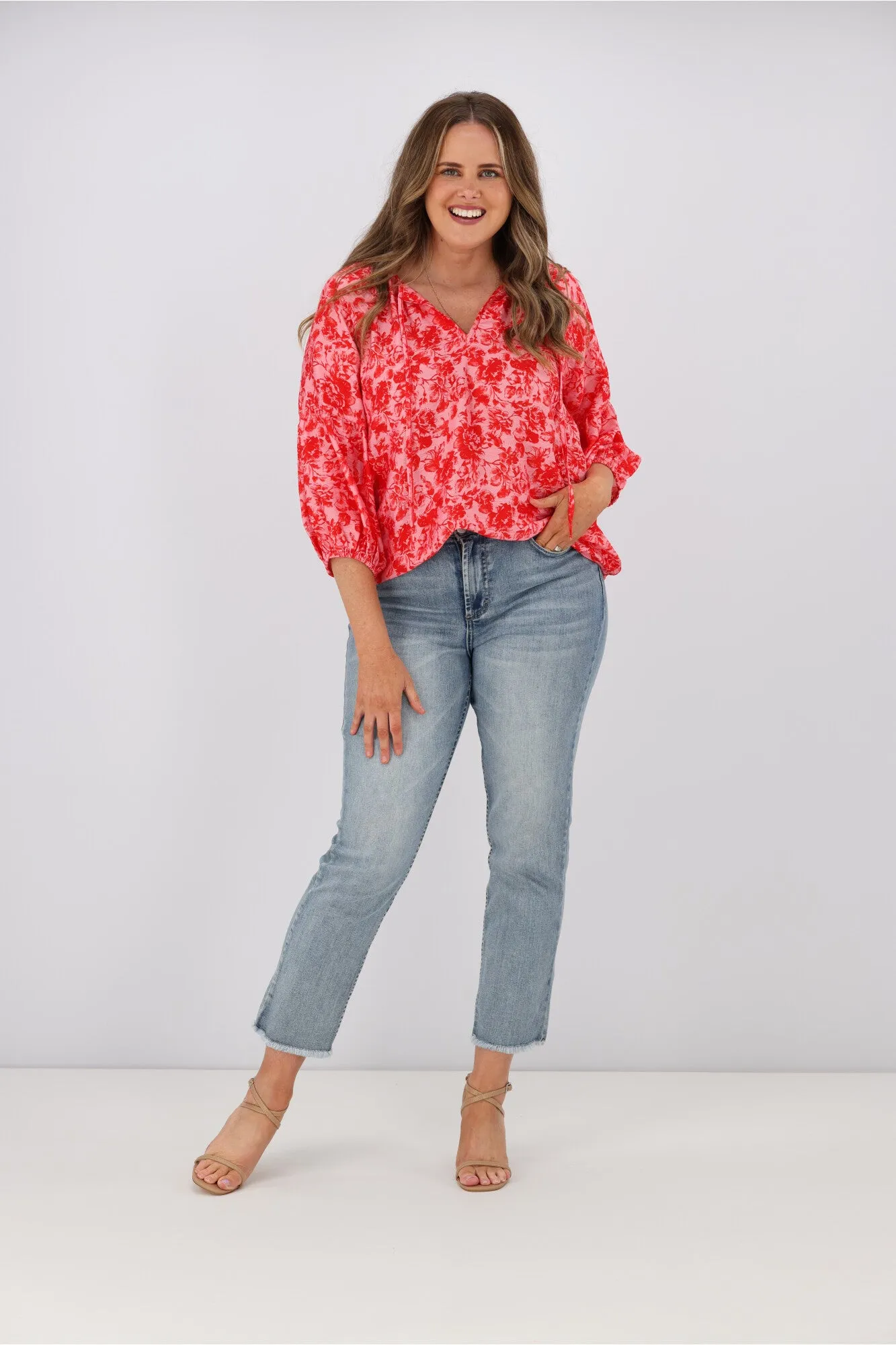 Gloss by Shine On Dana Tie Blouse Red Pink Floral
