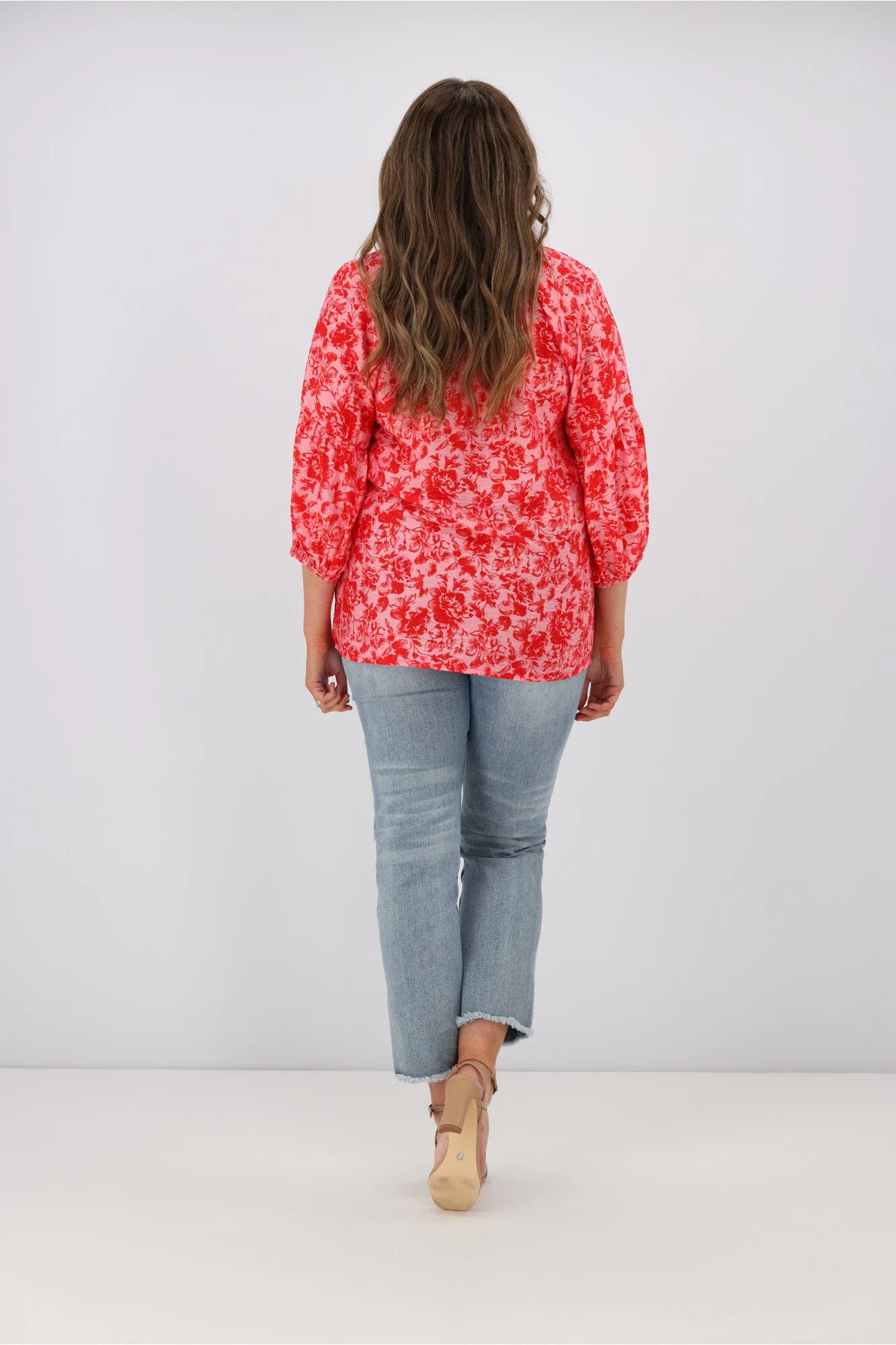 Gloss by Shine On Dana Tie Blouse Red Pink Floral