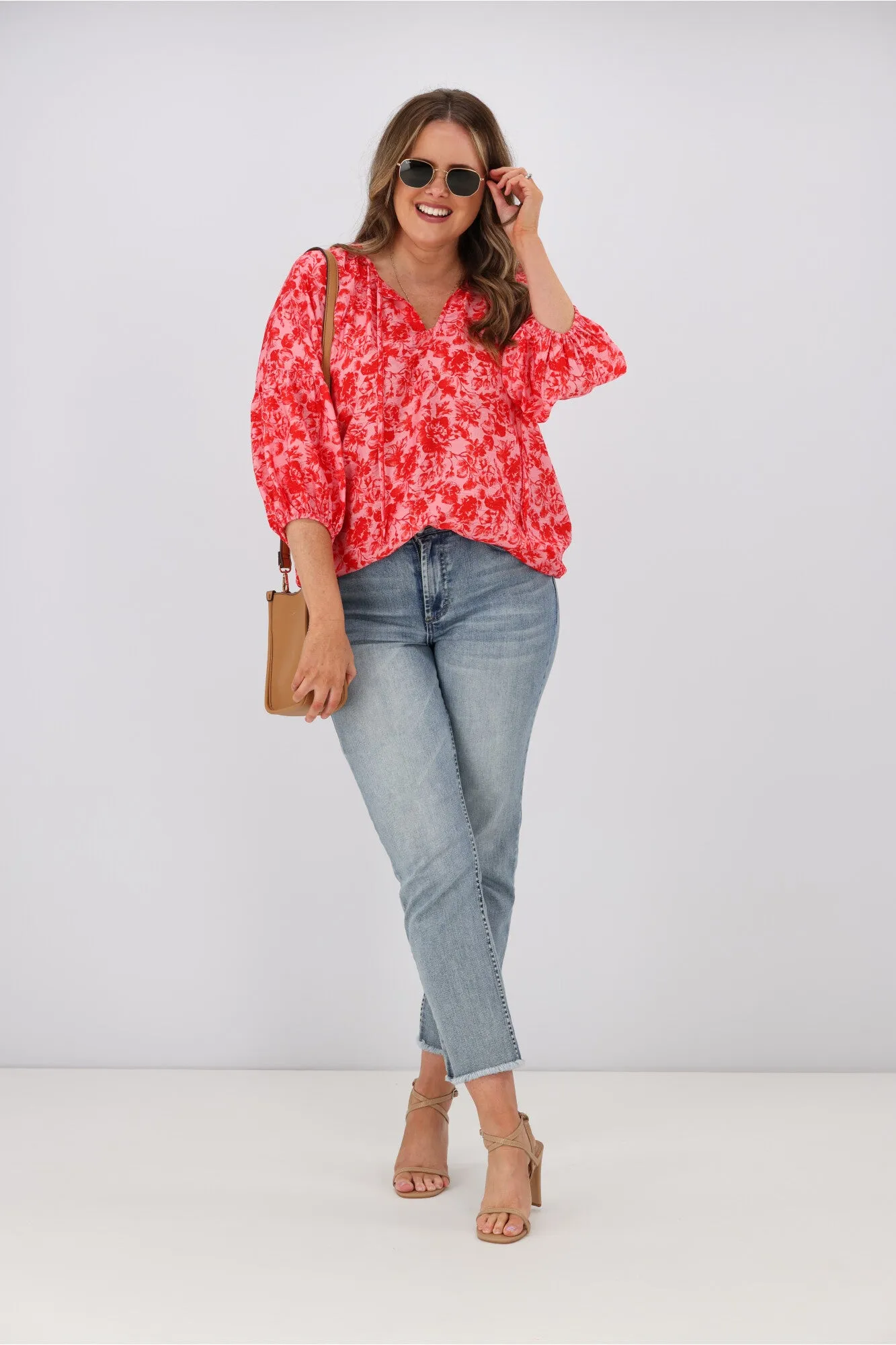 Gloss by Shine On Dana Tie Blouse Red Pink Floral