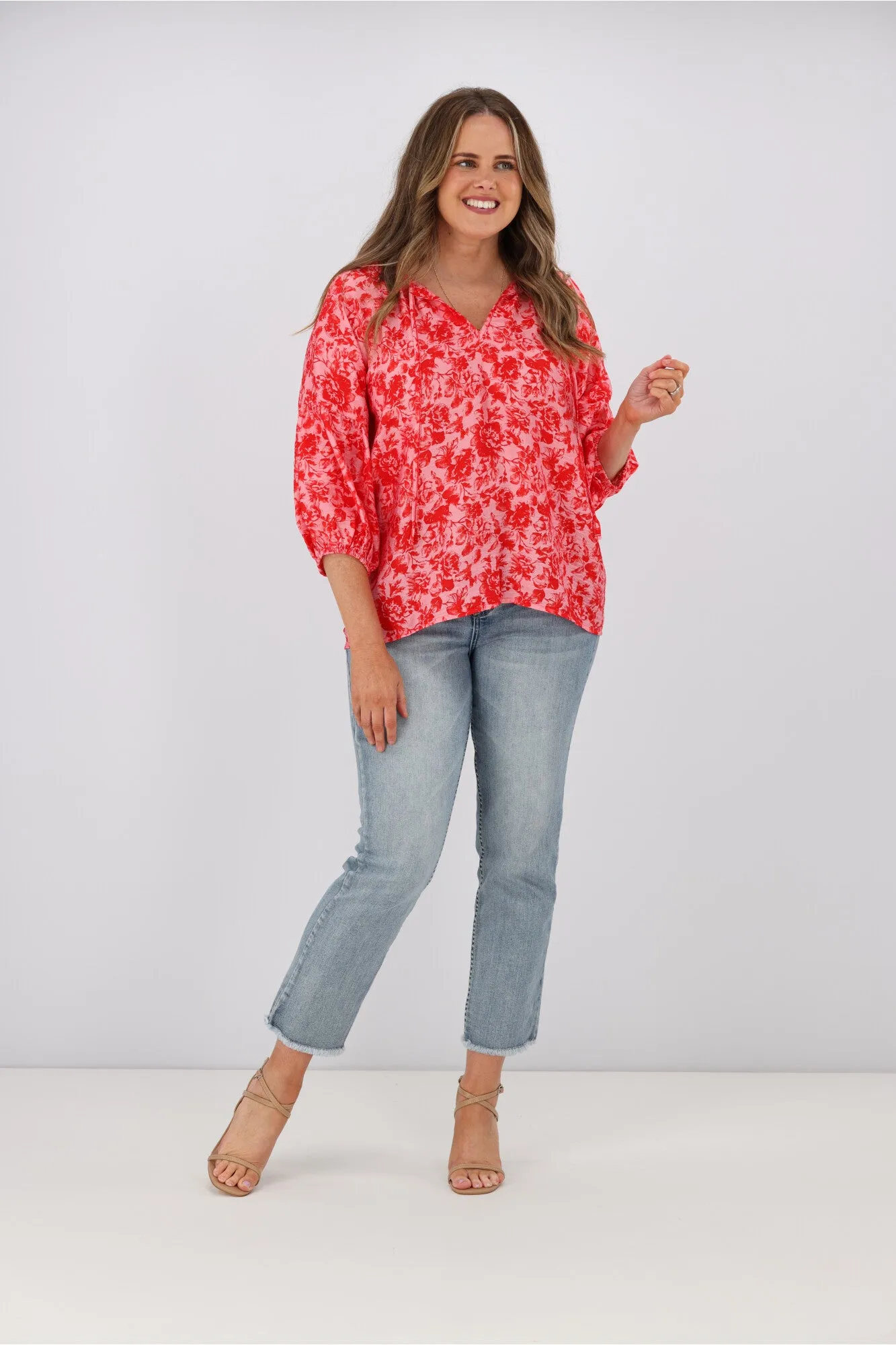 Gloss by Shine On Dana Tie Blouse Red Pink Floral
